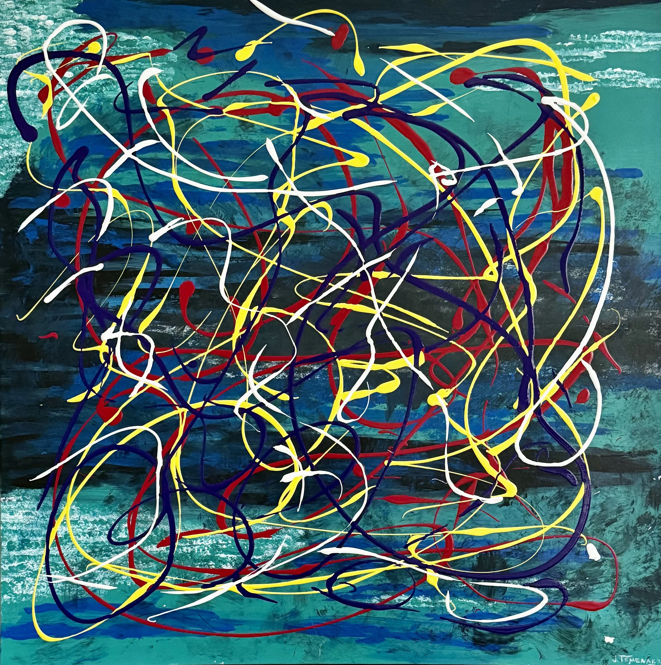 An abstract painting with a dark turquoise background and vibrant, chaotic lines in white, yellow, red, purple, and blue layered across it.