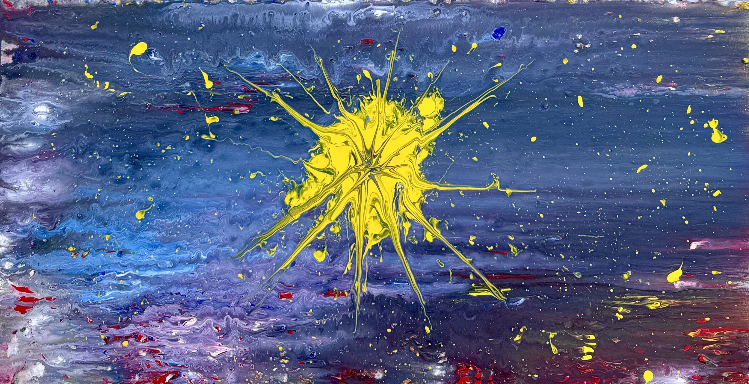 Abstract painting featuring a yellow starburst in the center with a dark blue background, dotted with yellow, red, and white splashes.