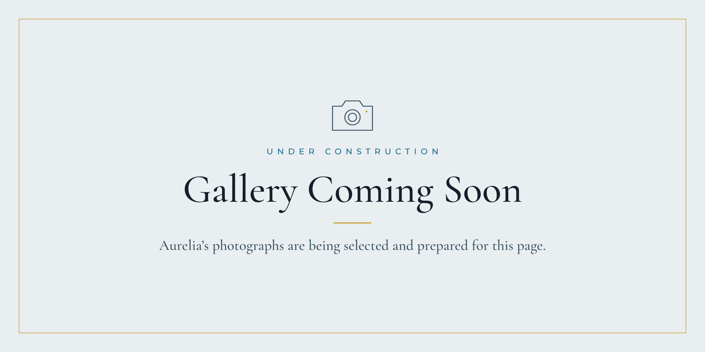 A website placeholder indicating an artwork gallery is coming soon, featuring a light blue background, a camera icon, and text that says 'Under Construction' and 'Gallery Coming Soon' with additional message about photos being selected and prepared.