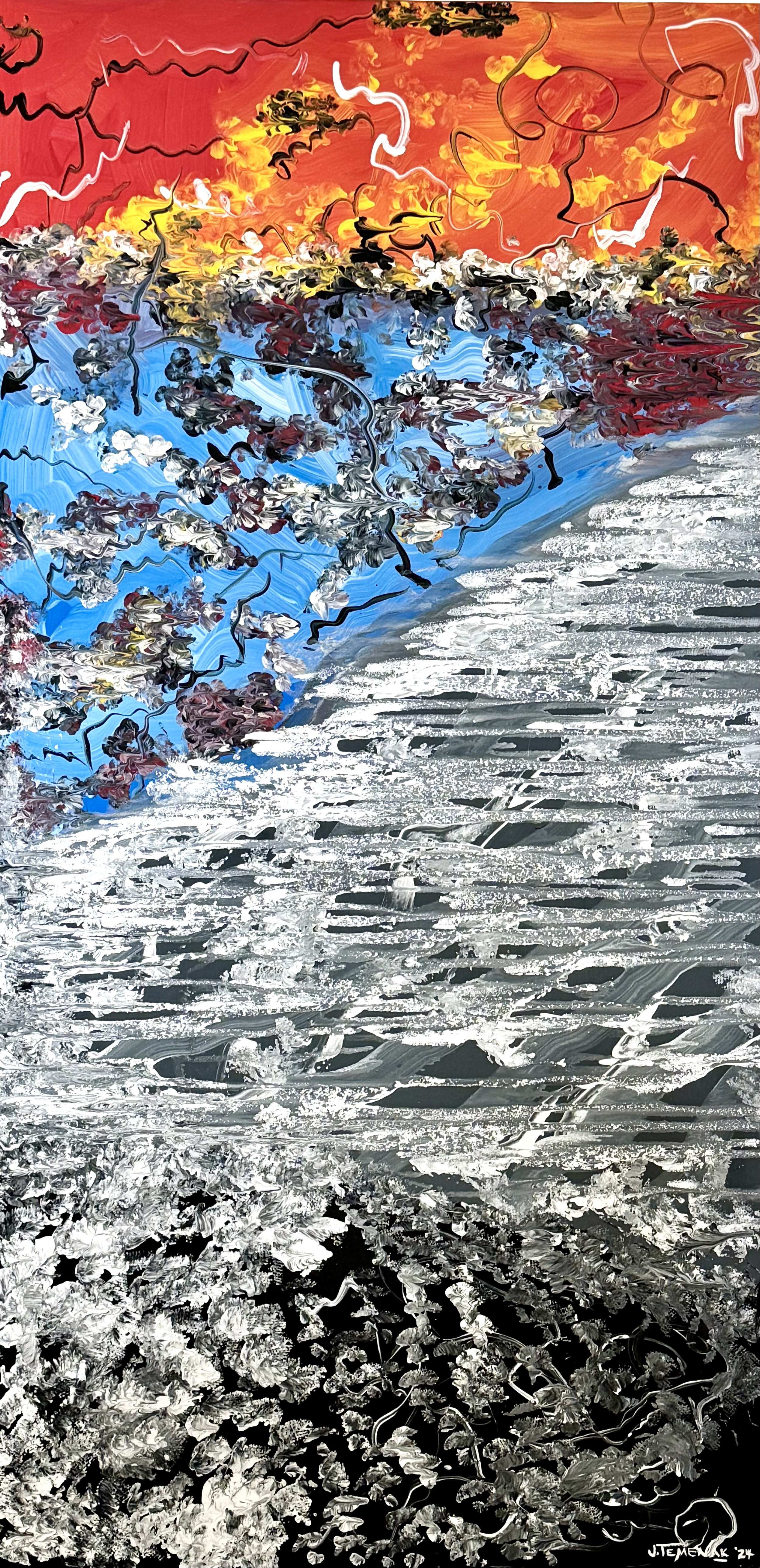 An abstract painting with vibrant colors depicting a sunset sky with orange and red hues, dark tree branches with white blossoms, a blue mountain range, and a reflective water surface with white textured highlights.