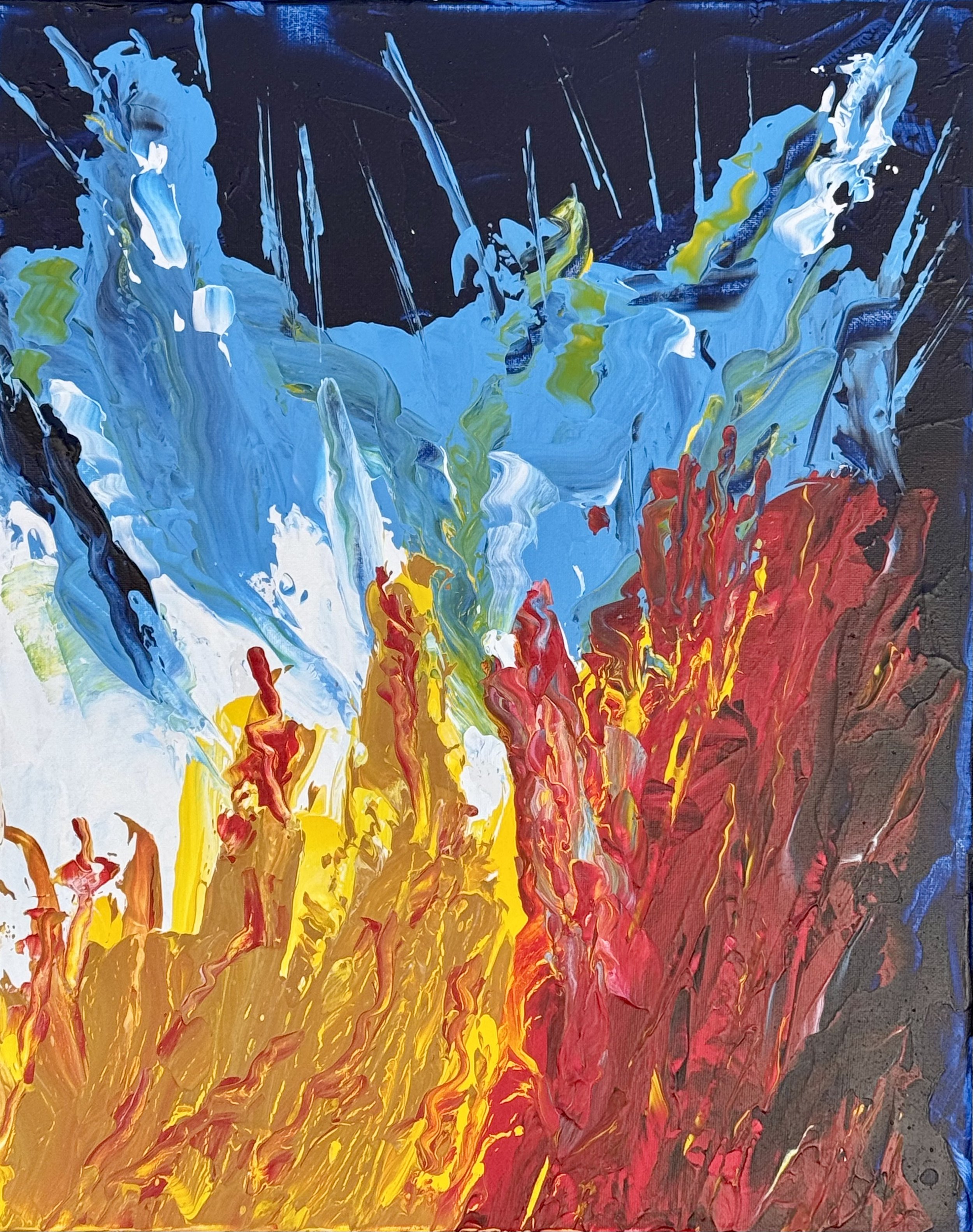 An abstract painting featuring vibrant colors, with blue and green sections at the top, transitioning into fiery reds, oranges, and yellows at the bottom, created with expressive brushstrokes.
