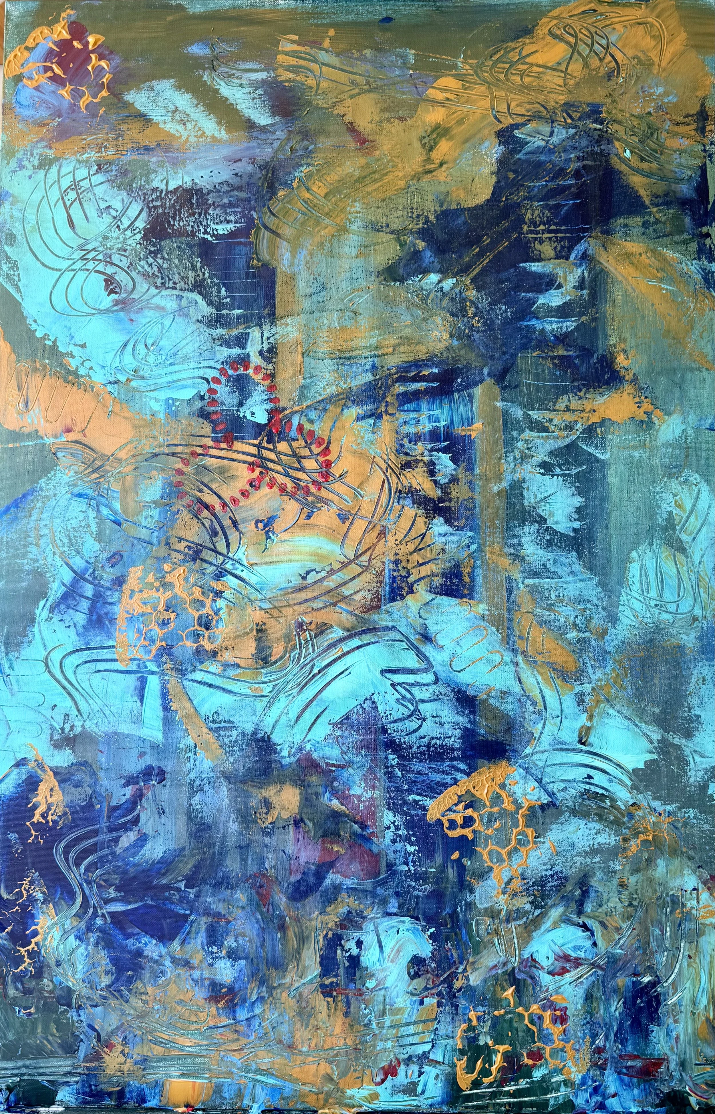 An abstract painting with vibrant blue, yellow, green, and purple colors, featuring swirling patterns and textured brushstrokes.