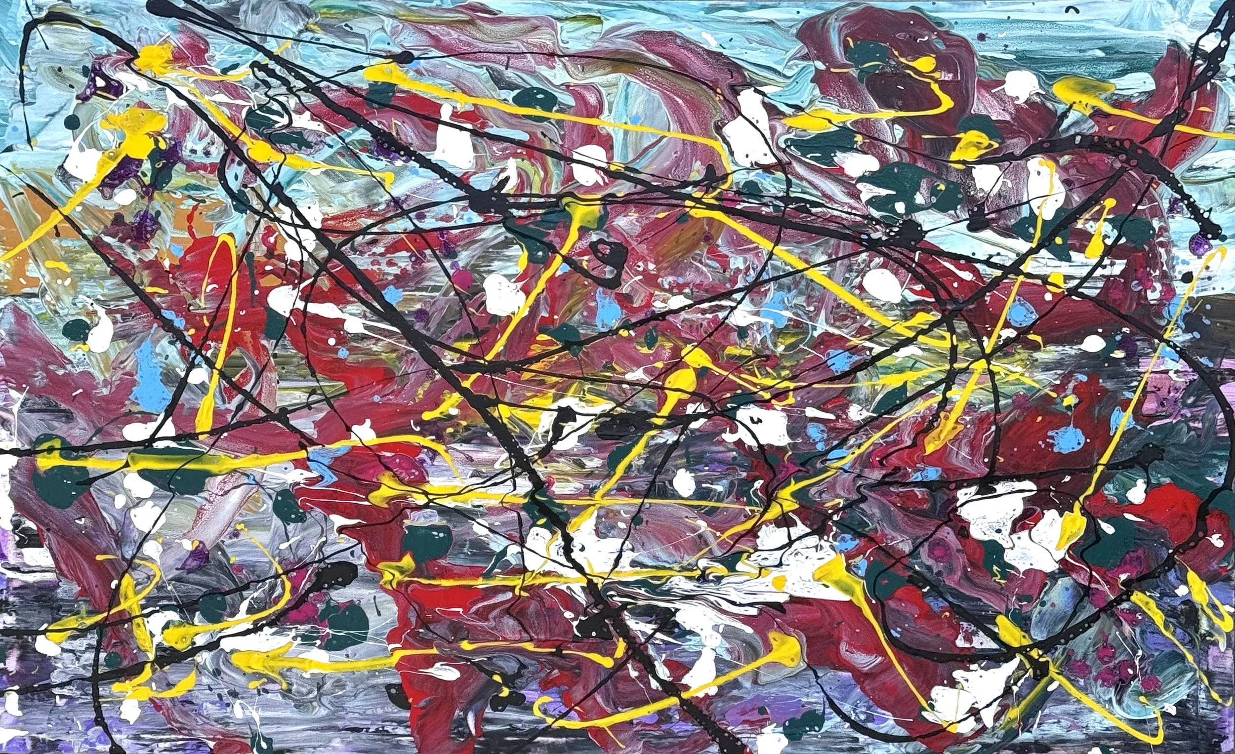 Abstract expressionist painting with splashes and streaks of red, yellow, blue, white, black, and purple paint.