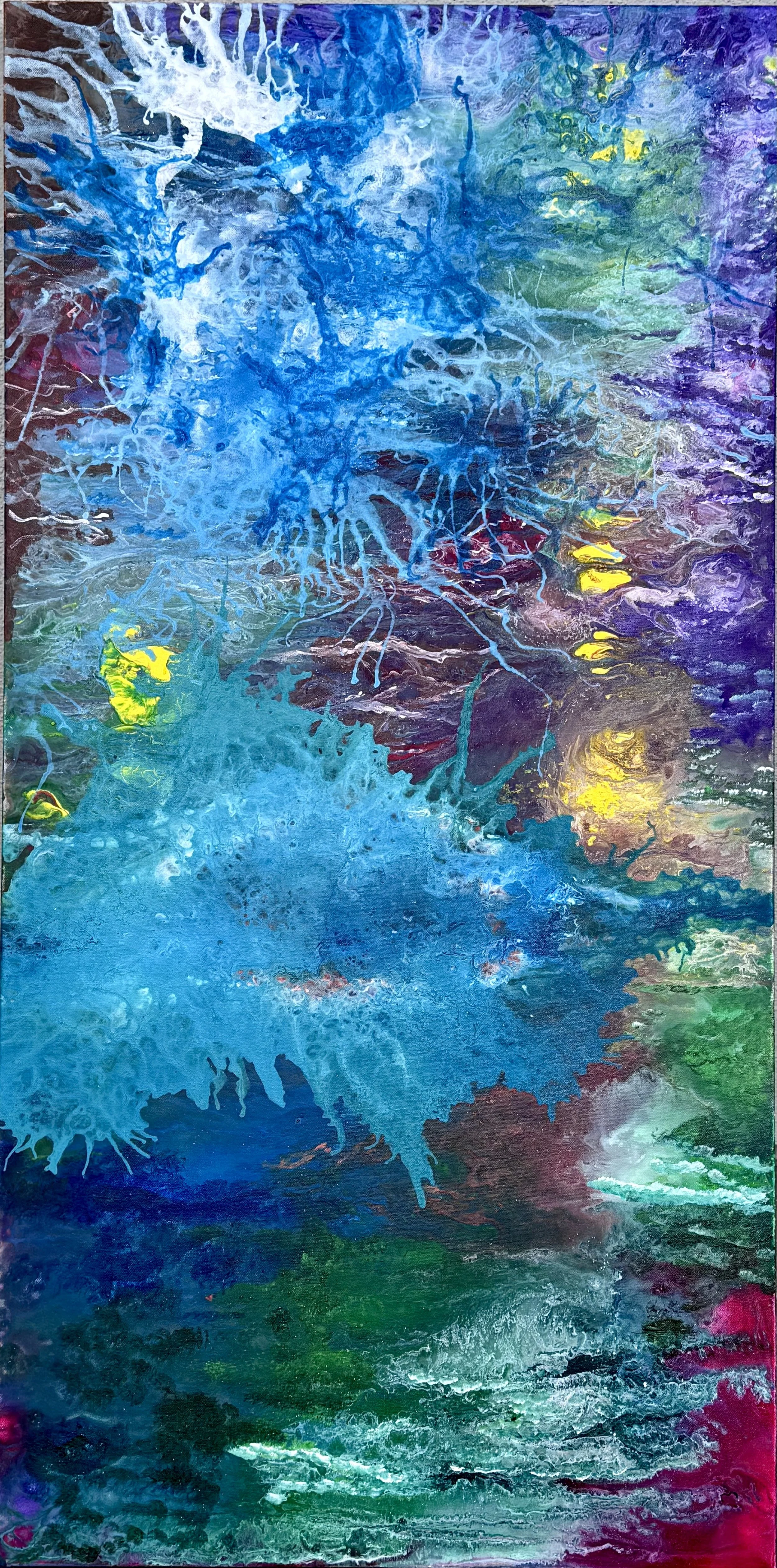 Abstract painting with vibrant splashes of blue, purple, green, yellow, and hints of red and white, creating a dynamic and colorful composition.