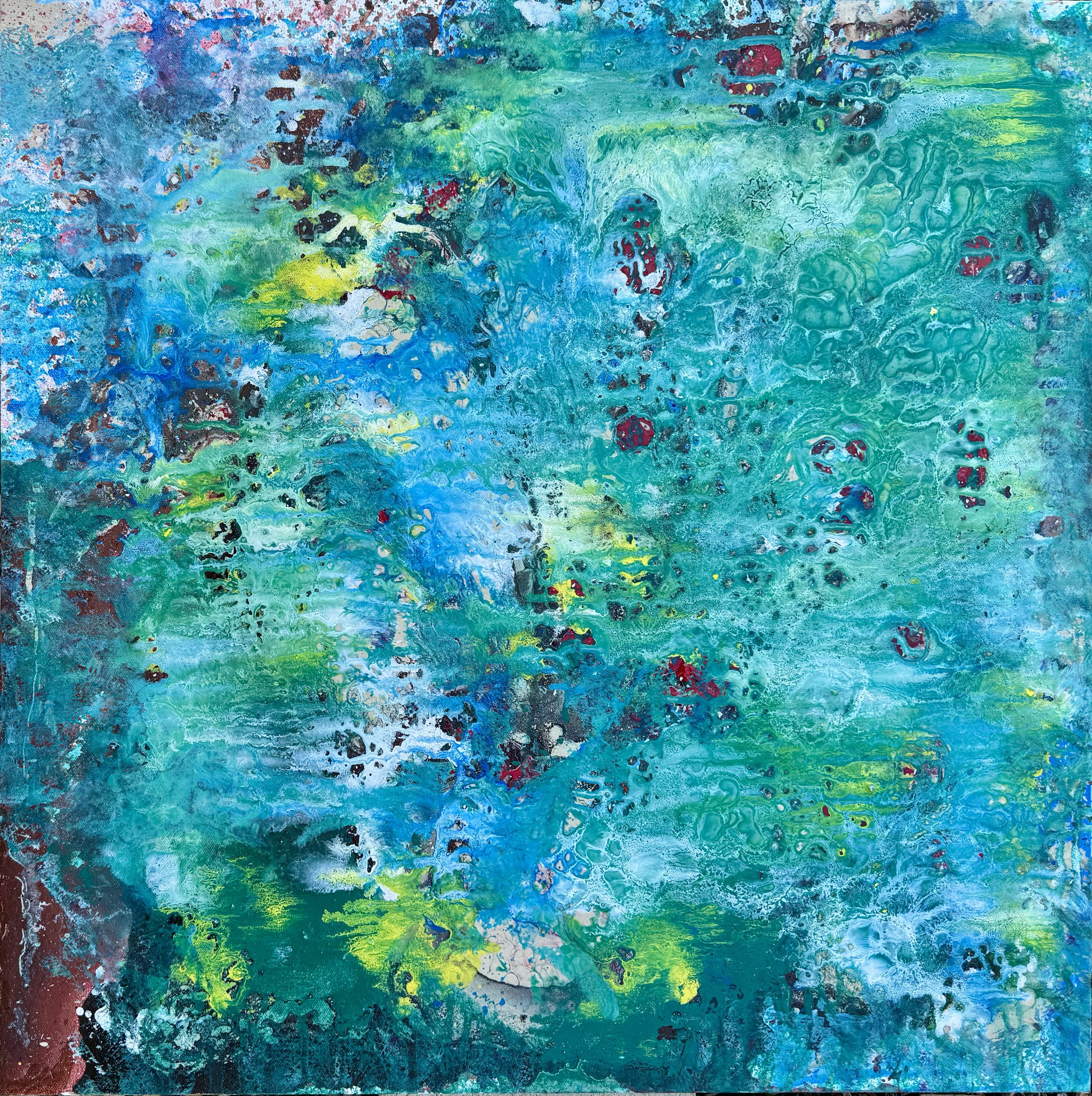 Abstract painting with swirling turquoise, blue, green, red, white, and black colors.