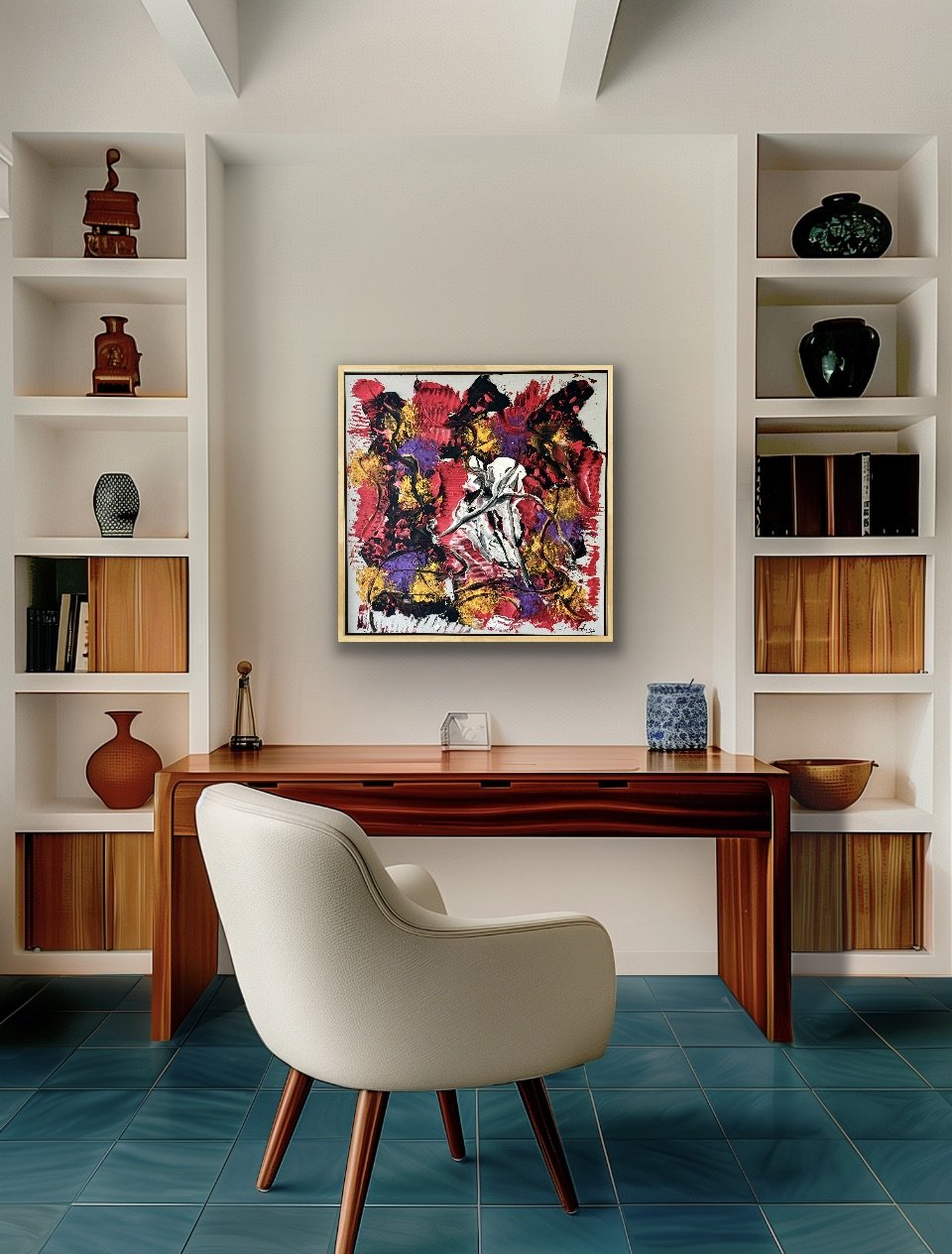 A modern home office with a white wall and built-in shelves, a wooden desk, a beige upholstered chair, and colorful abstract art hanging on the wall.