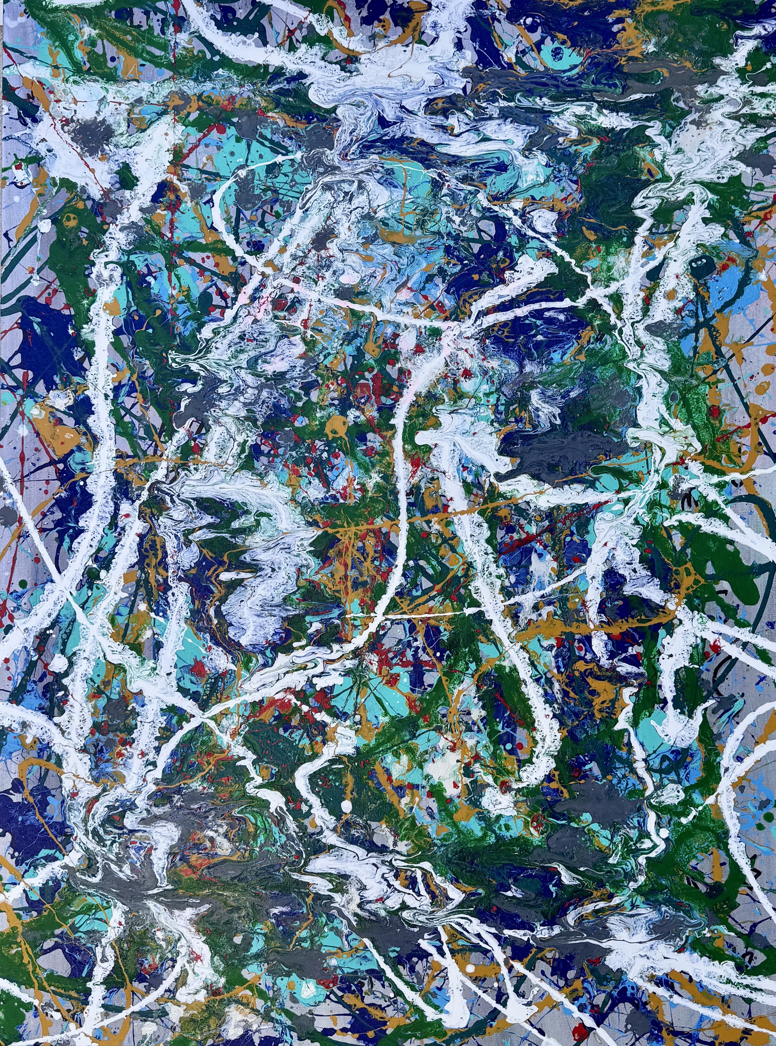 Abstract expressionist painting with swirling lines and splatters of white, blue, green, gold, red, black, and gray paint.