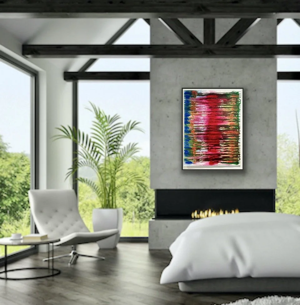 Modern living room with large windows, white armchair, potted plant, colorful abstract painting above fireplace, and a bed with white bedding.