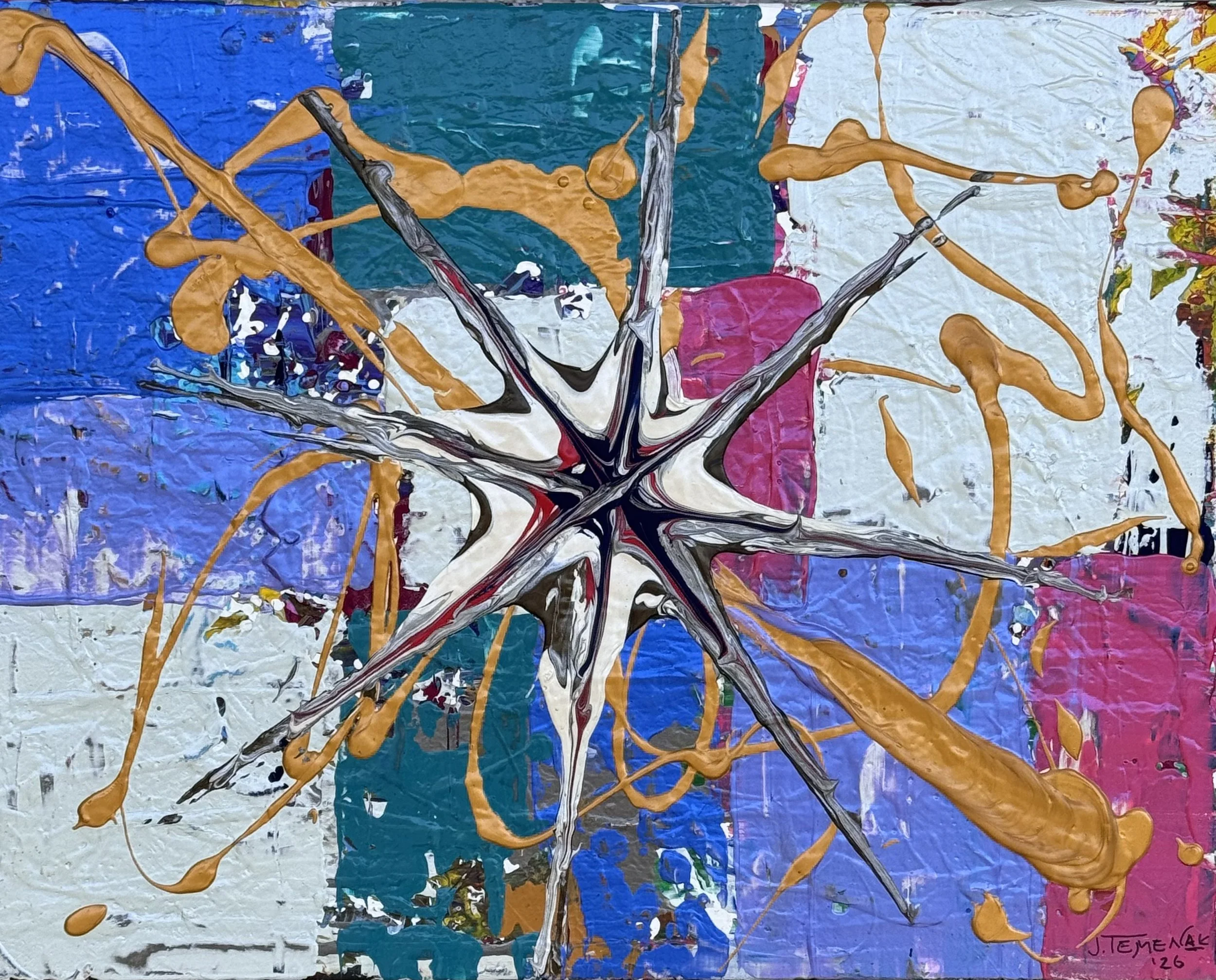 Abstract painting with blue, white, pink, orange, black, and yellow colors. Swirling and splattered paint with some areas more textured. Artist's signature in the bottom right corner reads "J. Temenak 26."