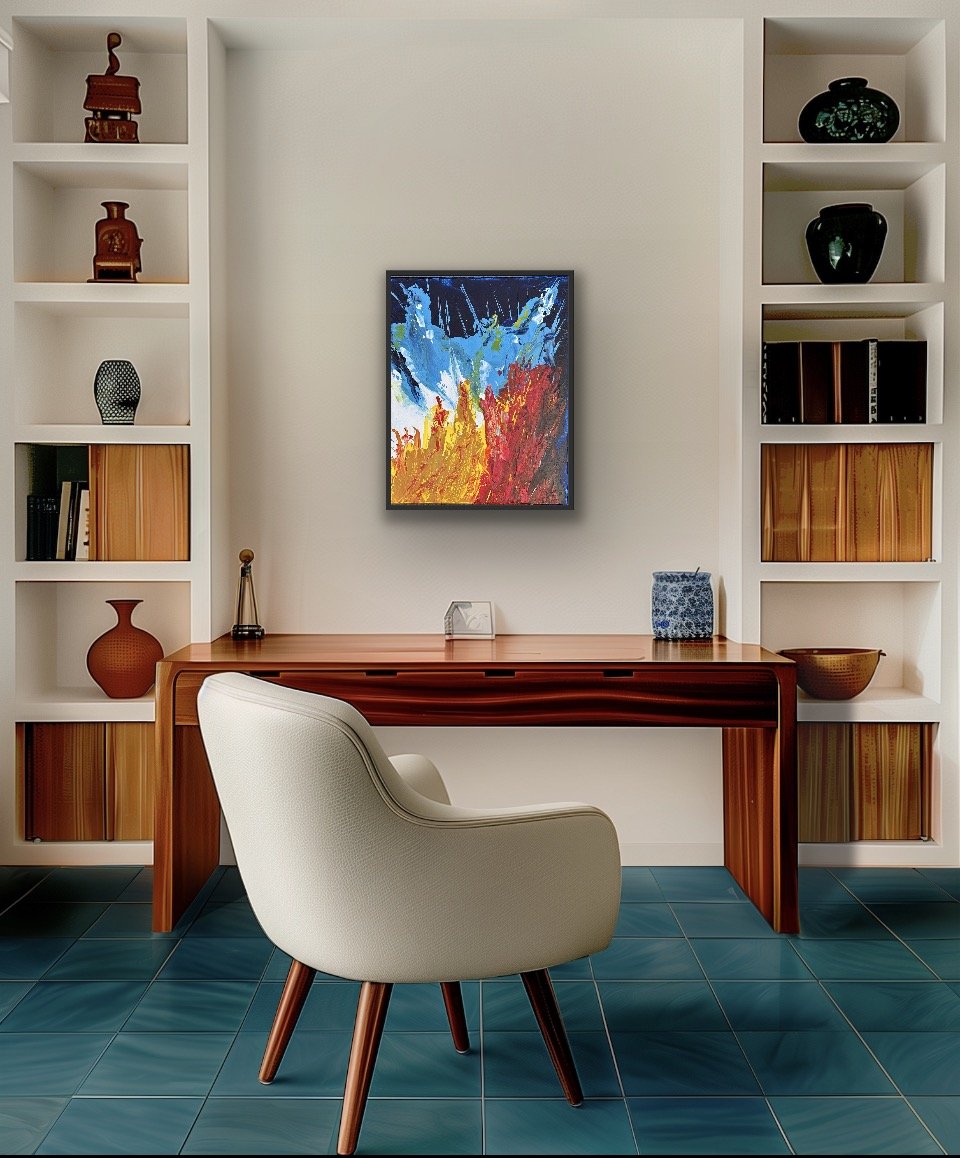 Modern home office setup with a cream-colored armchair in front of a wooden desk, a wall-mounted abstract painting, and white built-in shelves filled with decorative jars, vases, and books, all on a teal tiled floor.