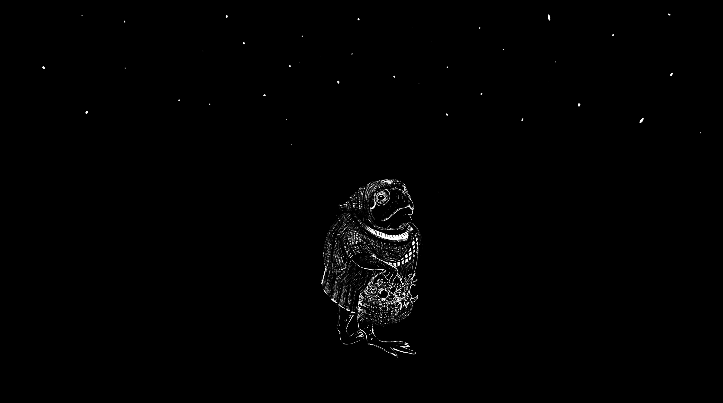 A toad in a peasant dress carries a basket of plants under a sky of stars.