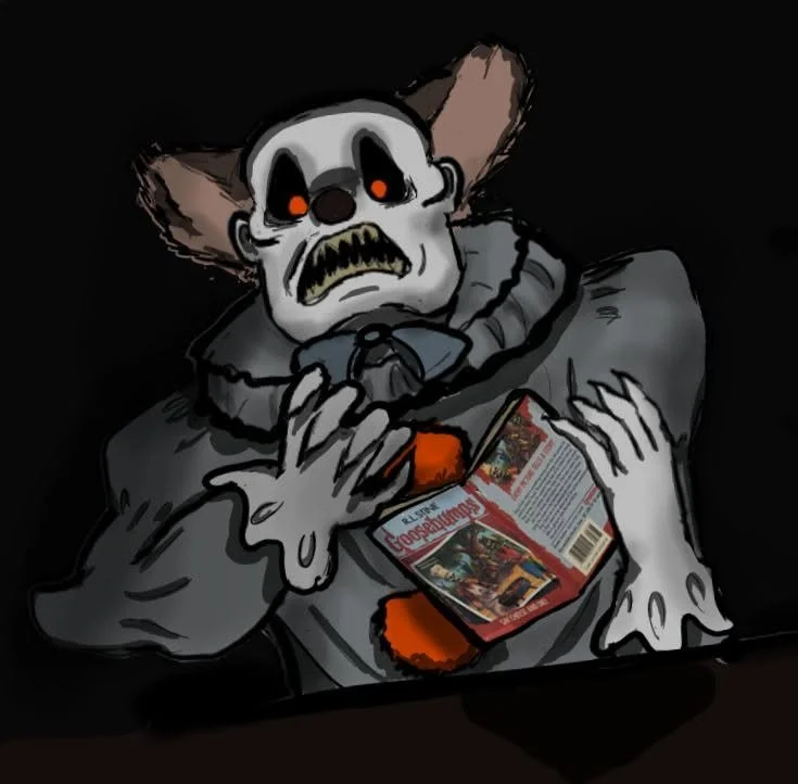 "Spooked to the core." Stephen King's IT. Another quick doodle I made while moving apartments as I listened to the audiobook. I felt like Pennywise would not be able to handle how scary that one goosebumps book was, because it was simply too scary al