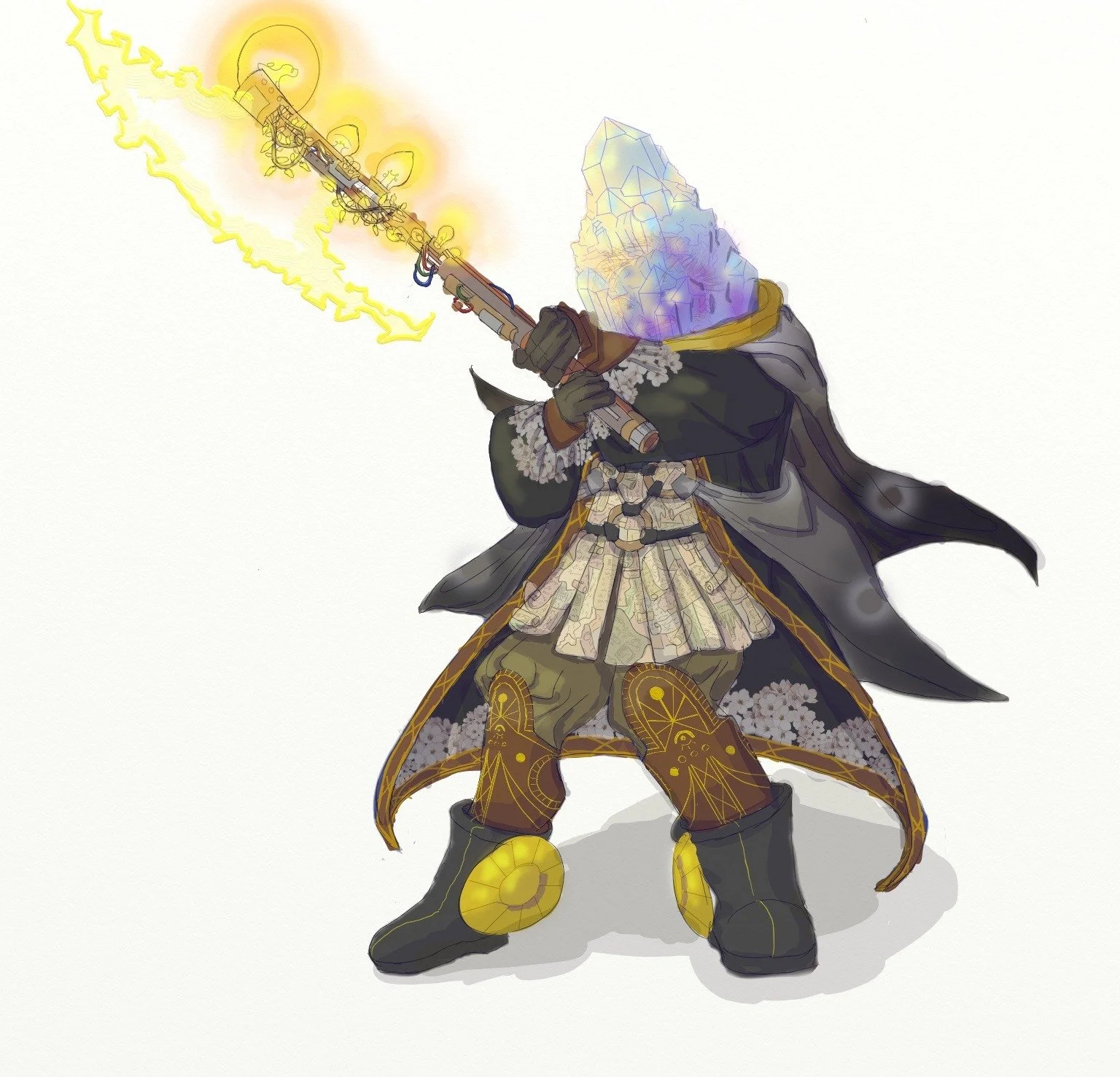 I only did the armored-up version of my friend Chris. If you zoom in close, you can see his face through the ice helmet. I made him a water genasi. 
Chris was working in Japan at the time, so I took some inspiration from Japanese floral prints for hi