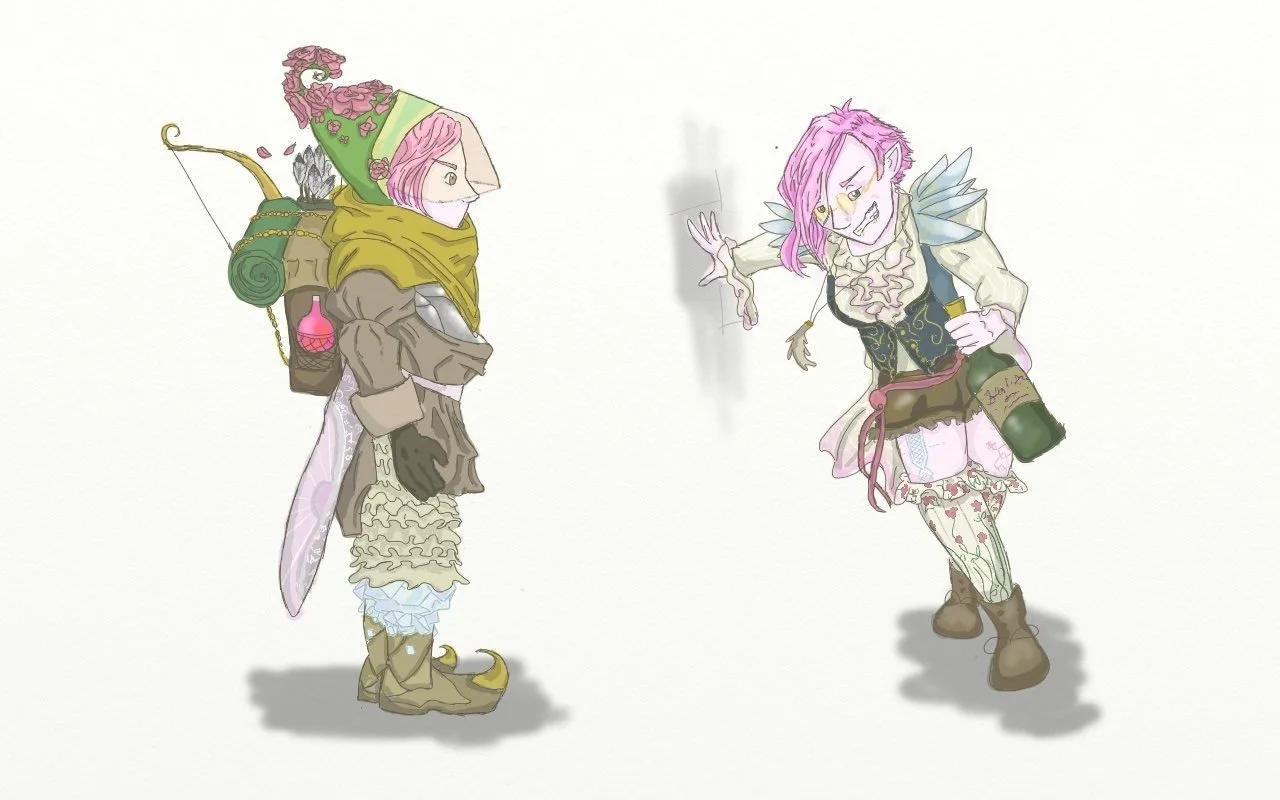 My first foray into this style was this drawing of my friend Ari as a little half-gnome half-elf. Ari has excellent style, and I was inspired by the unique vibe of their outfits and colors. I drew them in “full gear” on the left— that was how they’d 