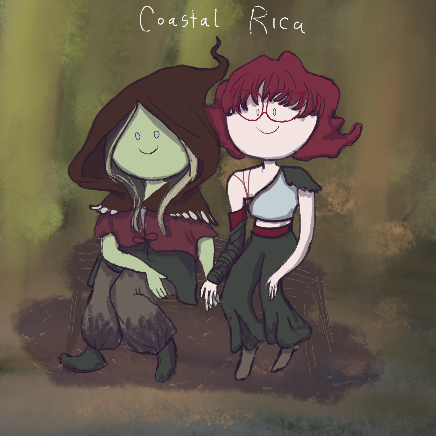 I never drew myself in this world the same way I drew other people, but I did do this little doodle of me and Olivia on the plane to Costa Rica, which I kept referring to as "Coastal Rica," to her mild chagrin. I am a part-orc-part-elf (in keeping wi