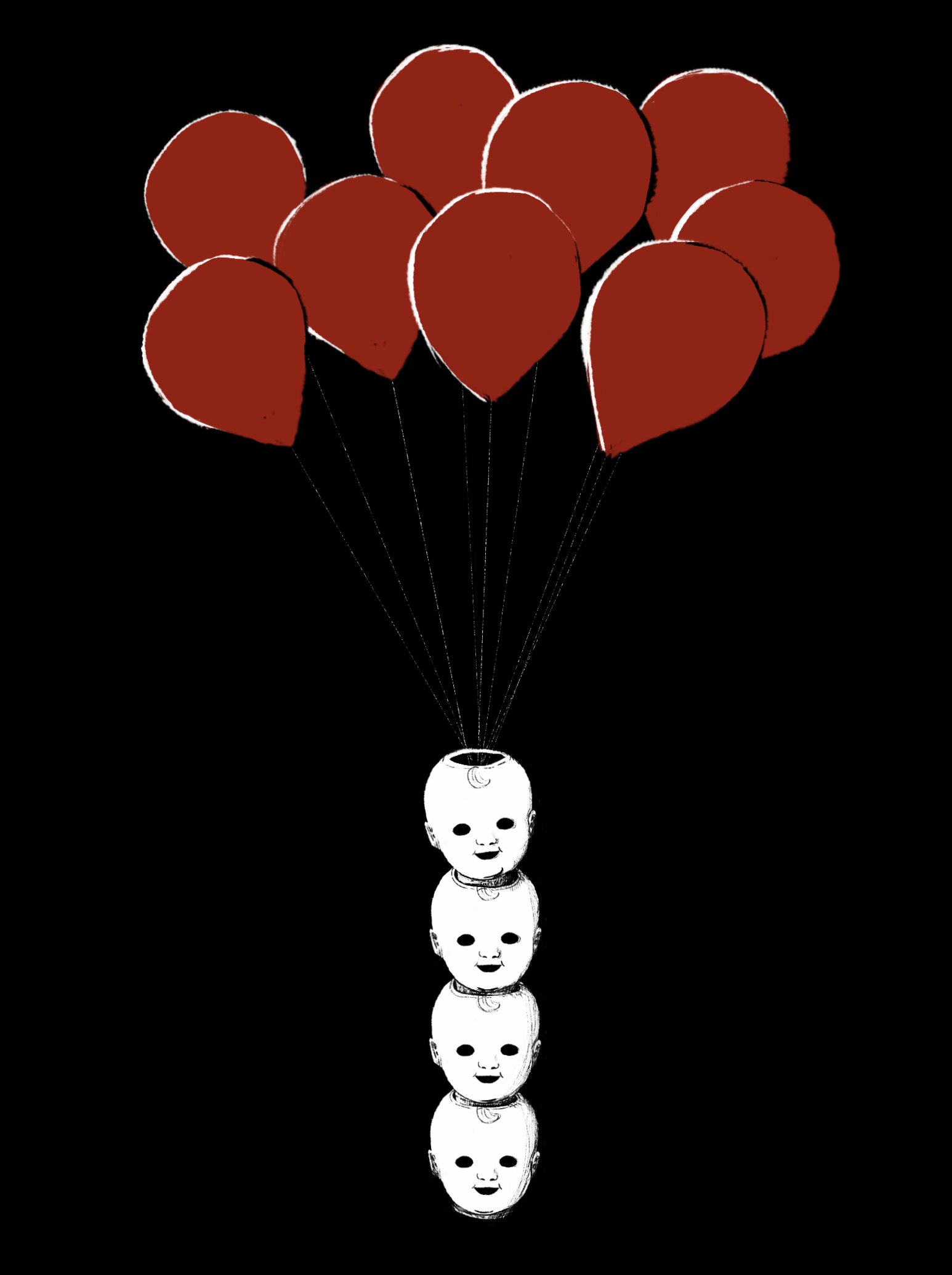 A stack of four baby doll heads with red balloons coming out of the top.
