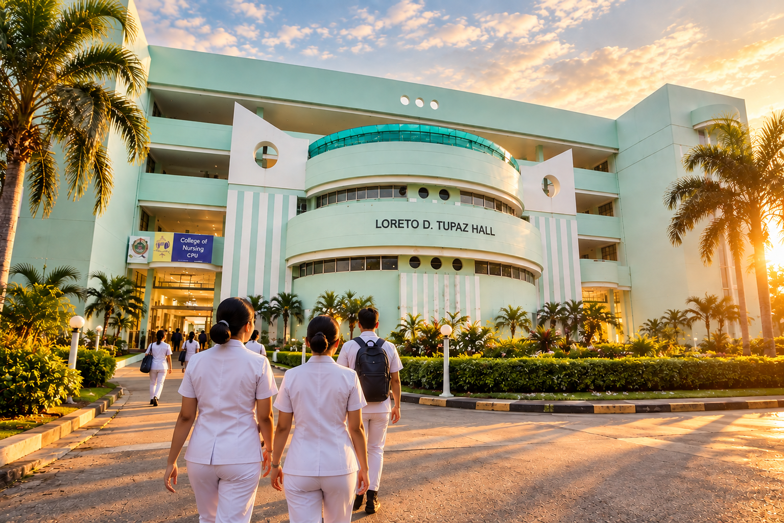 Students in nursing uniforms walking towards Loreto D. Tupaz Hall on a sunny day, with palm trees and landscaped gardens.