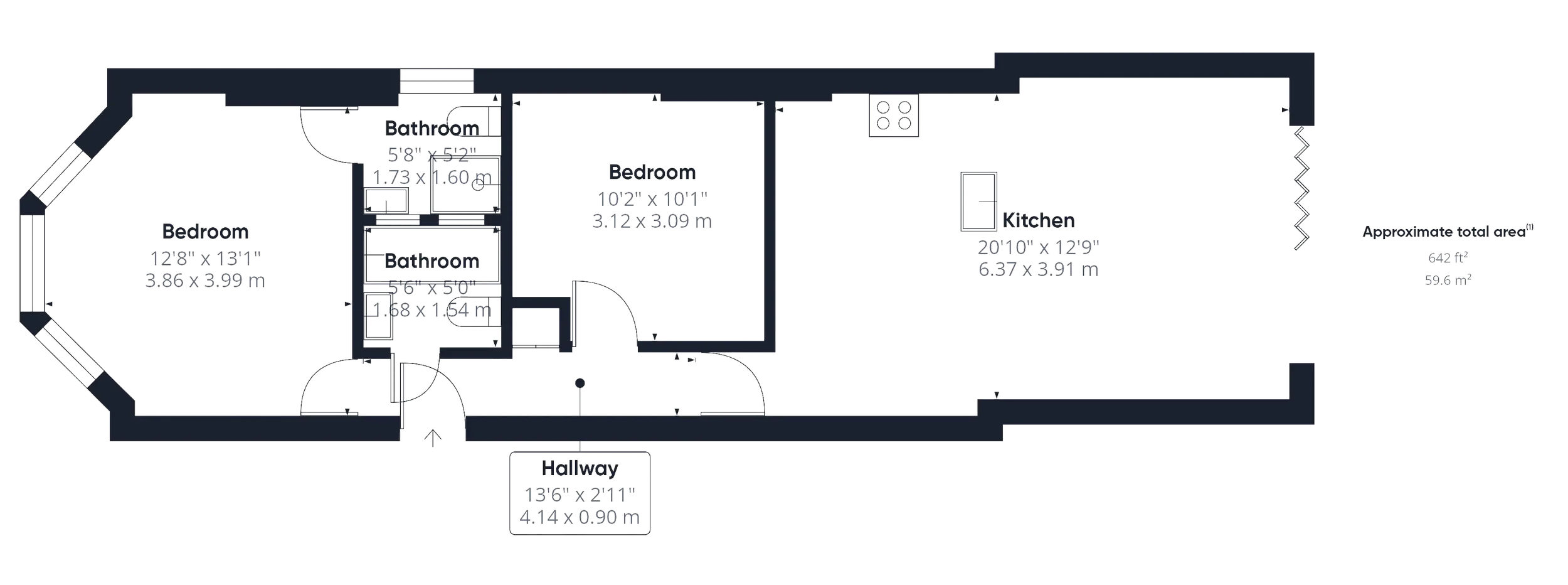 Floor plan of a house with labeled rooms, including two bedrooms, two bathrooms, a kitchen, and a hallway.