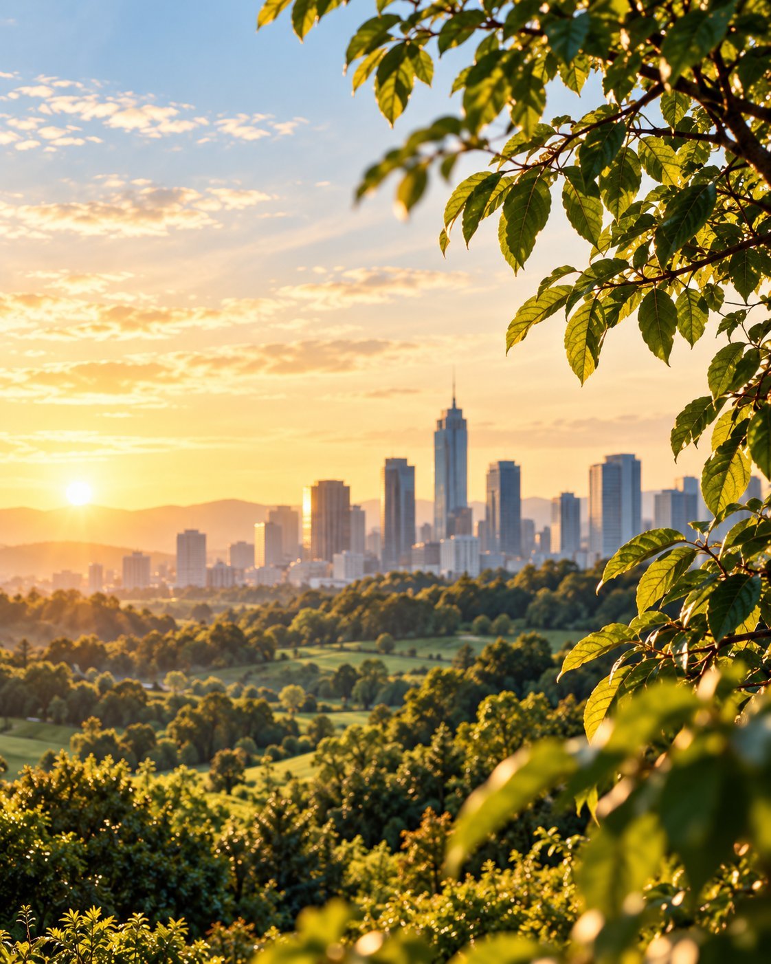 City skyline at sunrise framed by green leaves