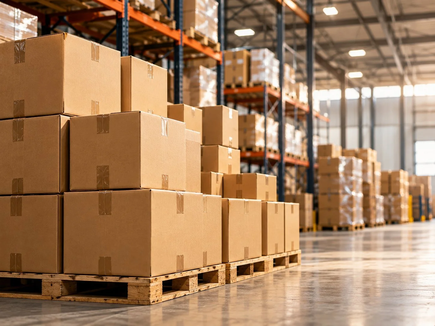 Cardboard boxes stacked on pallets (illustrative stock photo)