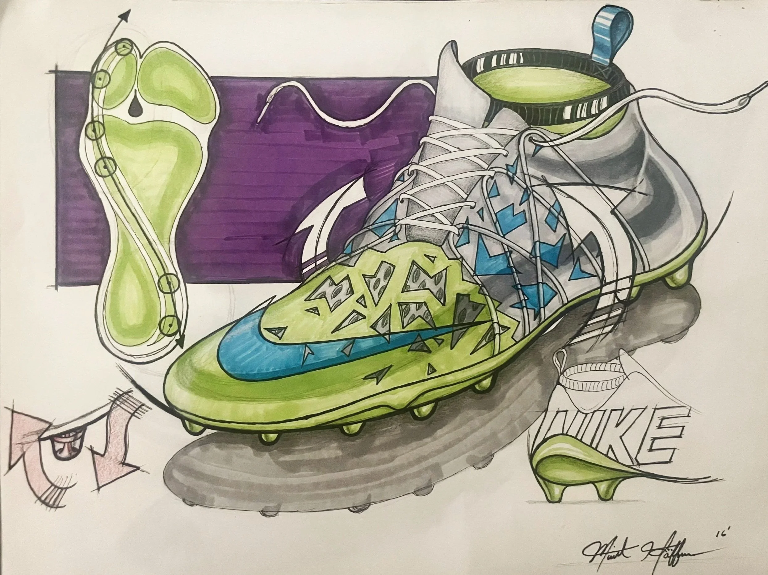 A detailed illustration of a running shoe with blue, green, and gray colors, showing the sole, laces, and interior lining, along with a lanyard and part of a logo.