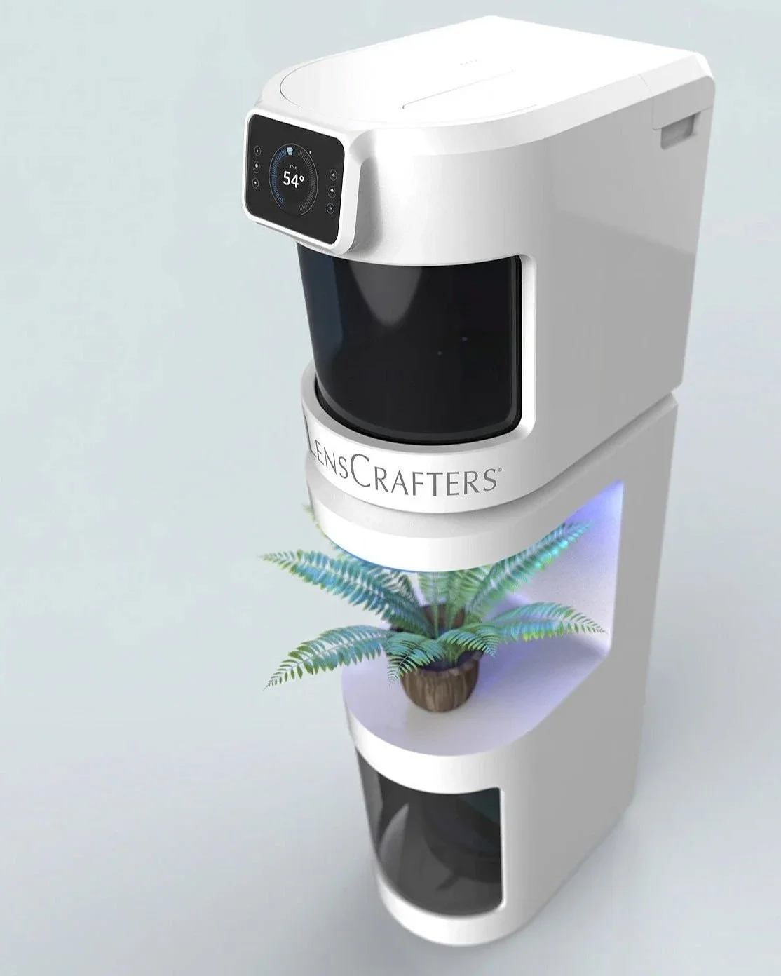 A high-tech 3D plant scanner with a digital display showing 54 degrees, scanning a potted fern plant.