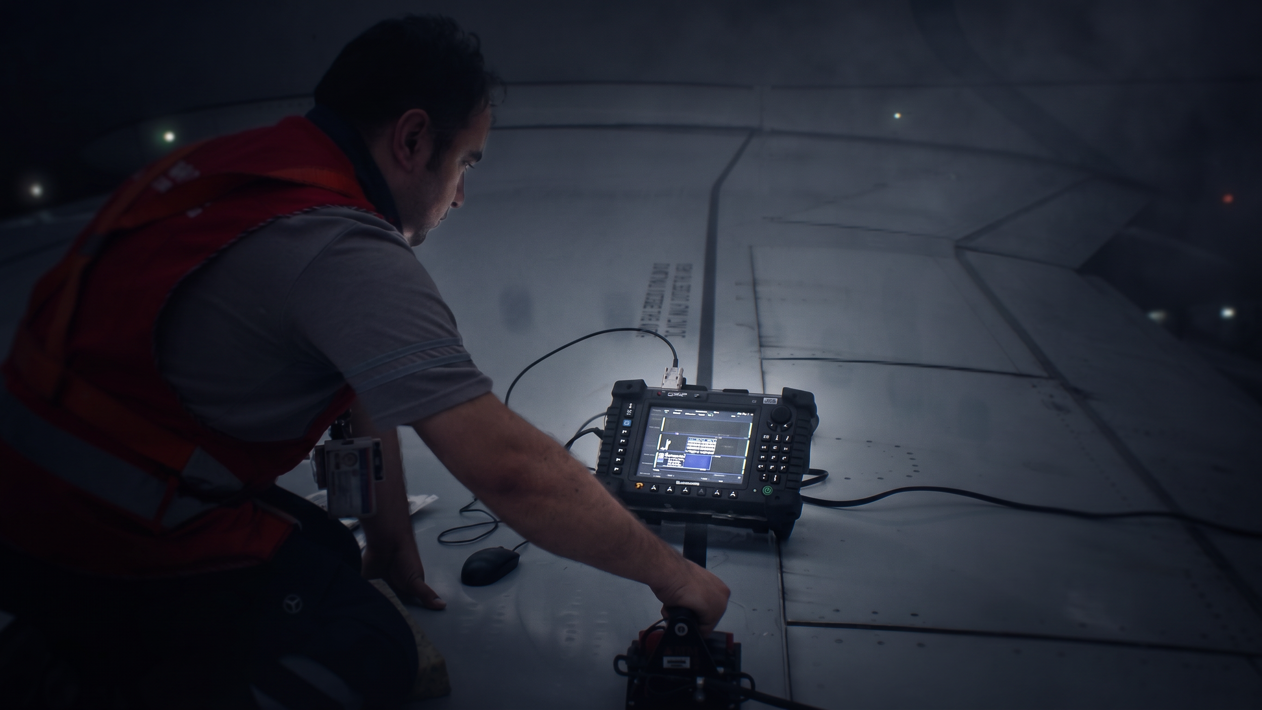 A person working with a laptop and equipment inside an aircraft fuselage.