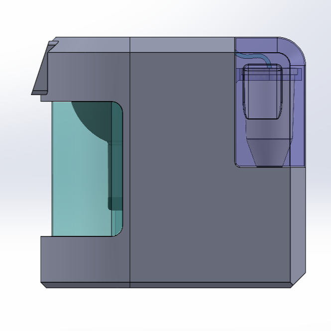 A 3D-rendered image of a compact, modern vending machine with transparent panels on the front and side, revealing internal components.