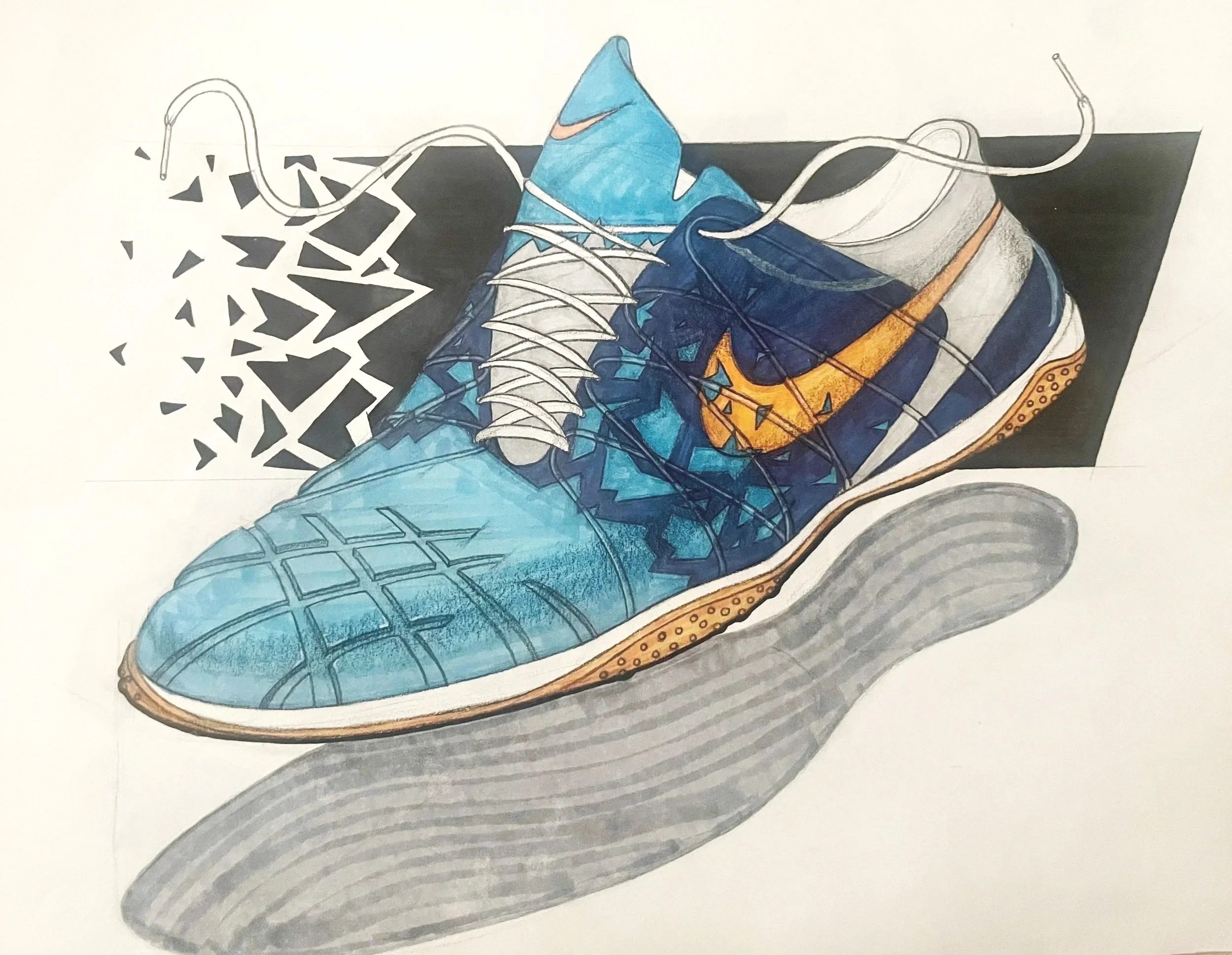 Colorful illustration of a single blue athletic shoe with a yellow swoosh, laces, and a textured sole, resting on a gray surface with a white background.