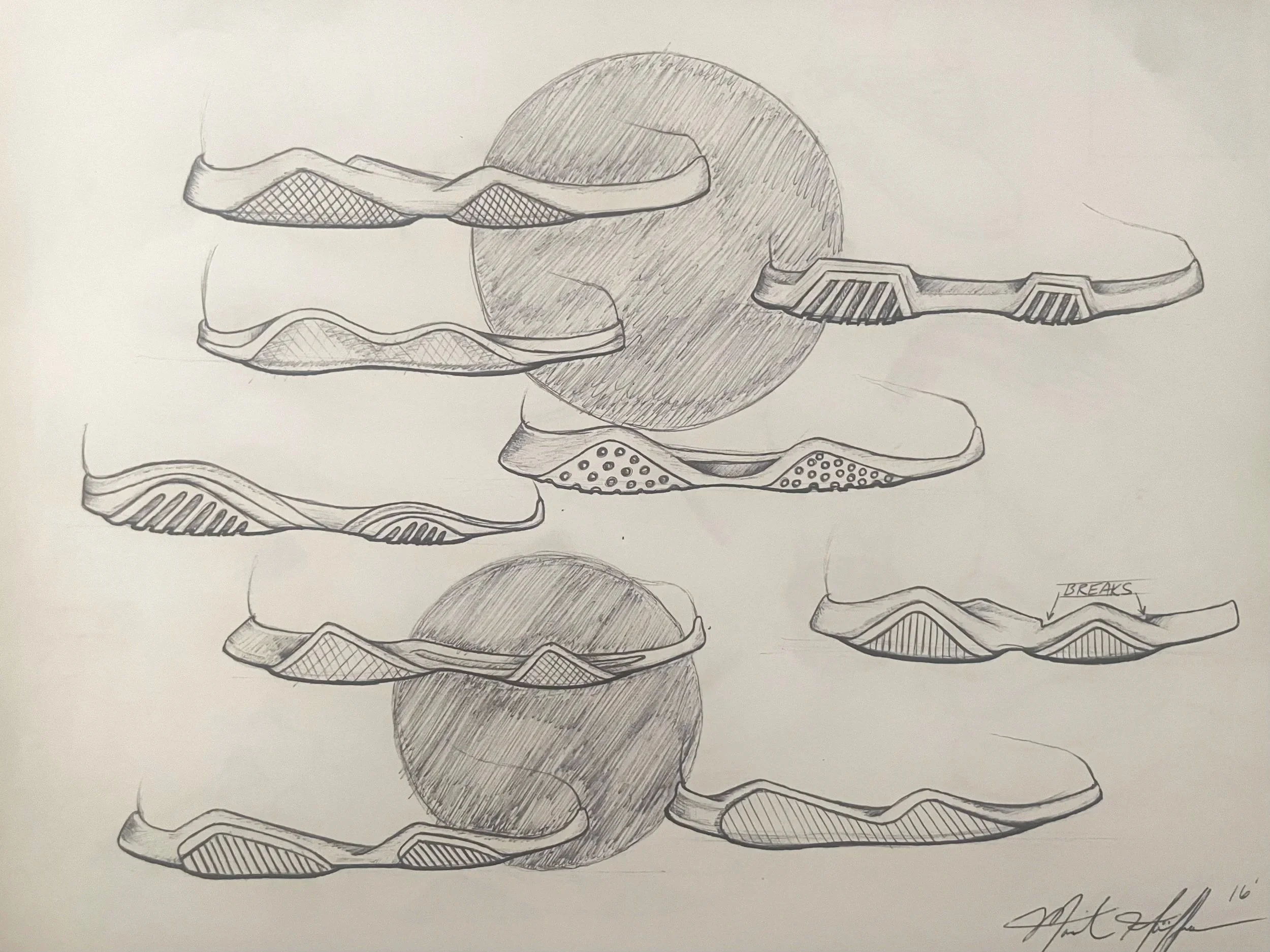Sketch of several sneakers stacked on top of each other, with some details shaded and patterns drawn on the soles and sides, and a large shaded circle in the background.
