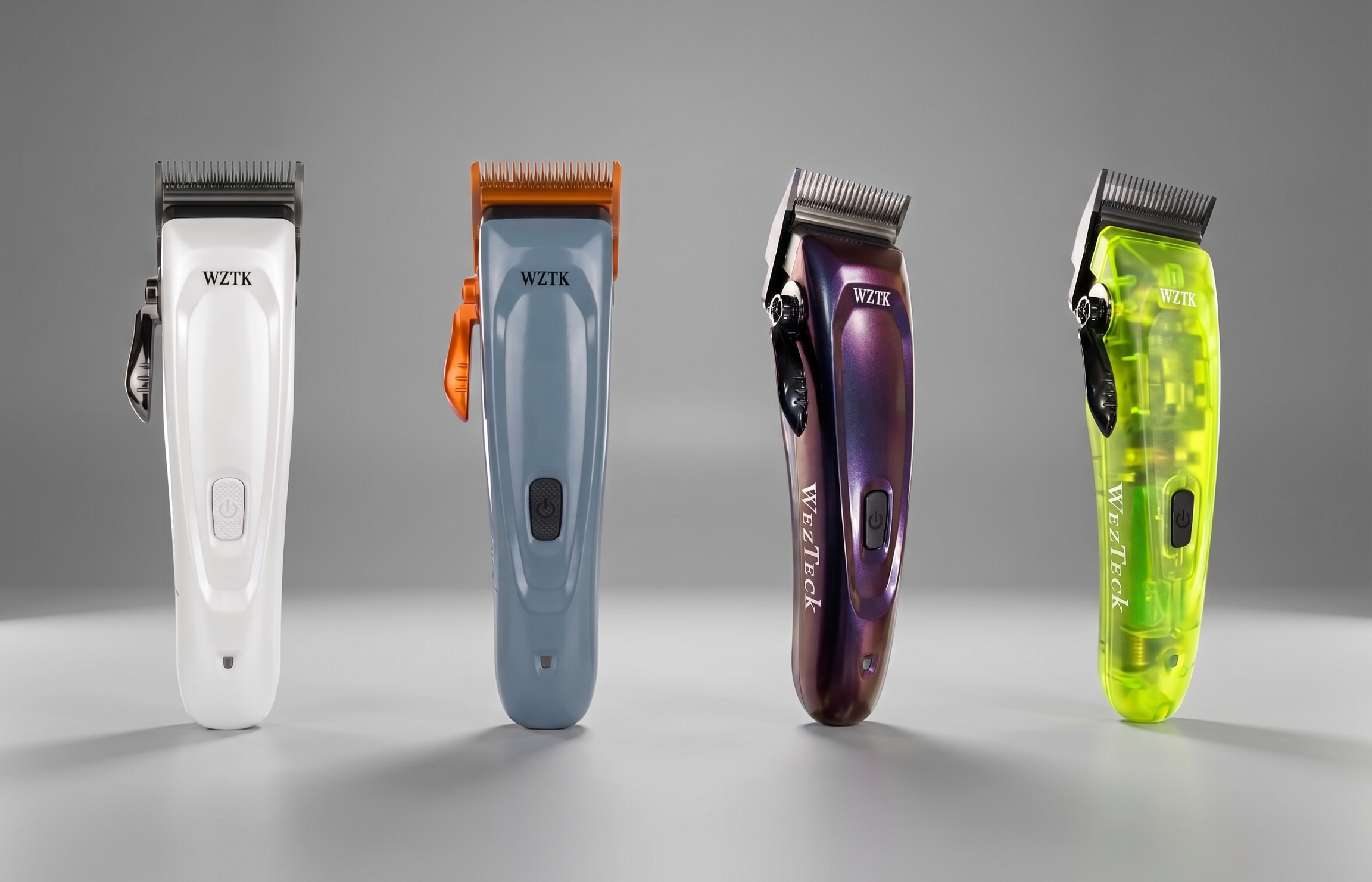 Four electric hair trimmers in white, blue, purple, and neon green colors displayed against a gray background.