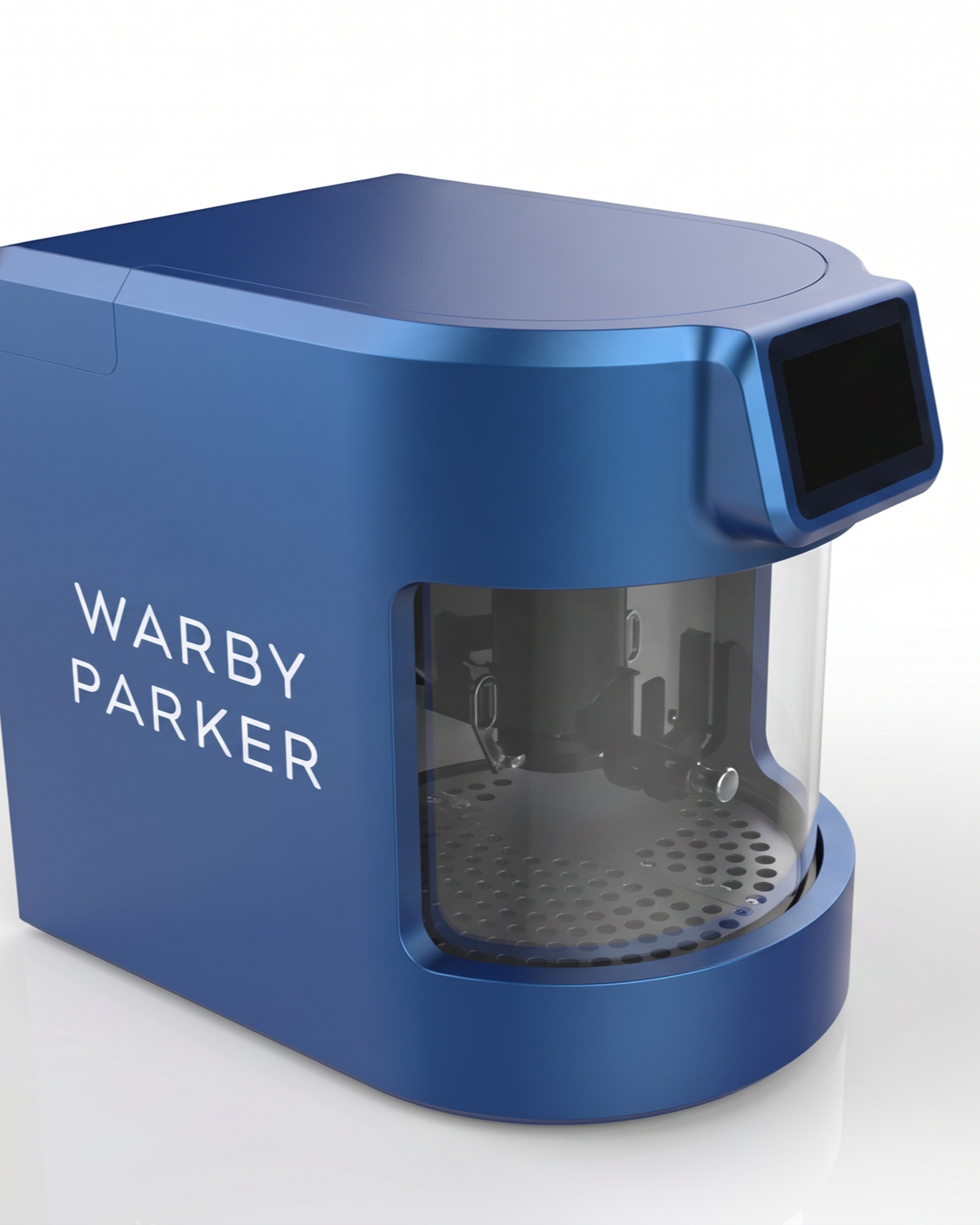 Blue coffee machine with a digital display and a clear front panel, branded with 'Warby Parker'.