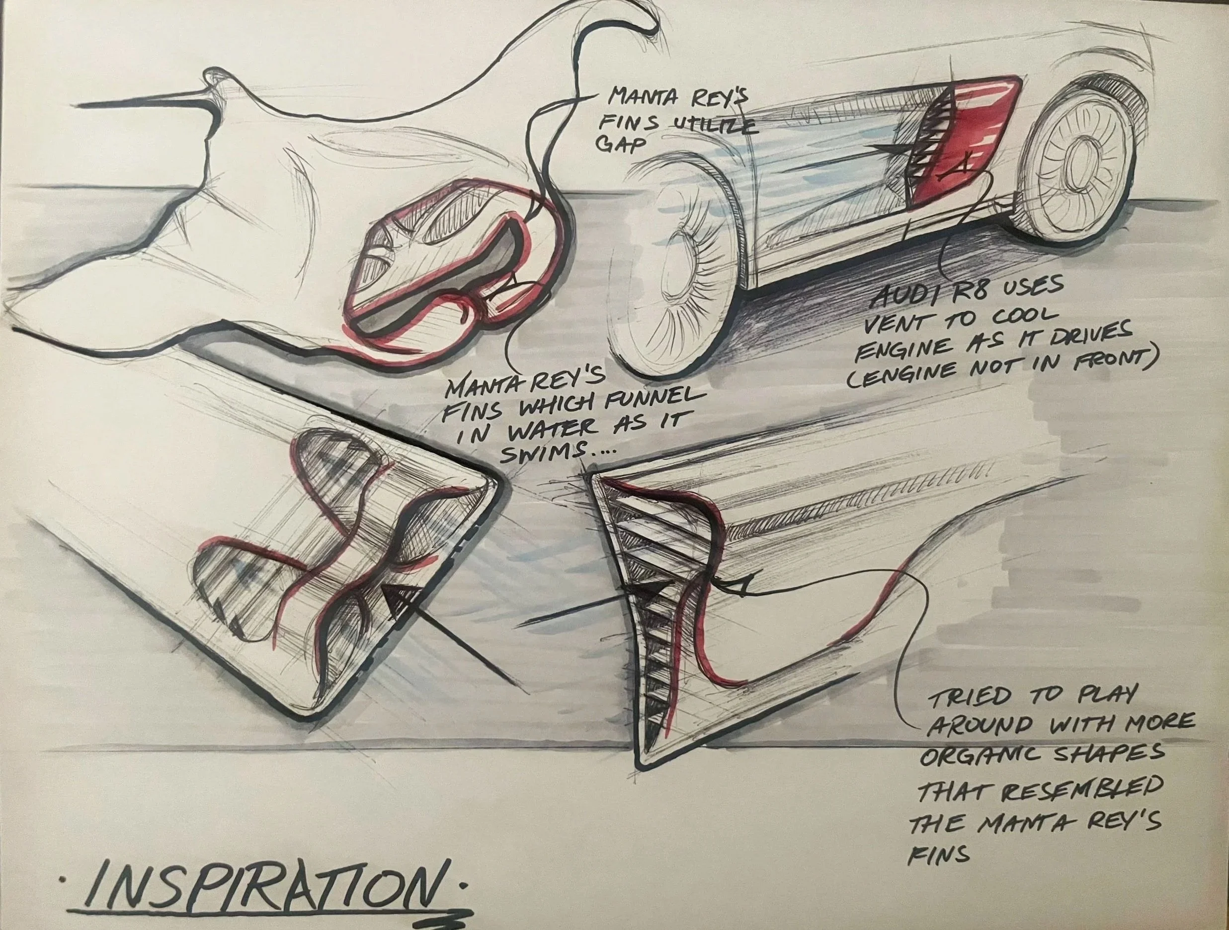 Sketch of a car's rear and exhaust system, with annotations explaining the design features, including fins for cooling and organic shapes inspired by manta rays.