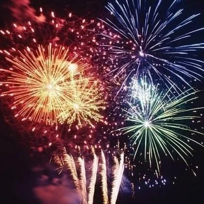 Fireworks display with red, yellow, green, and blue explosions in the night sky.
