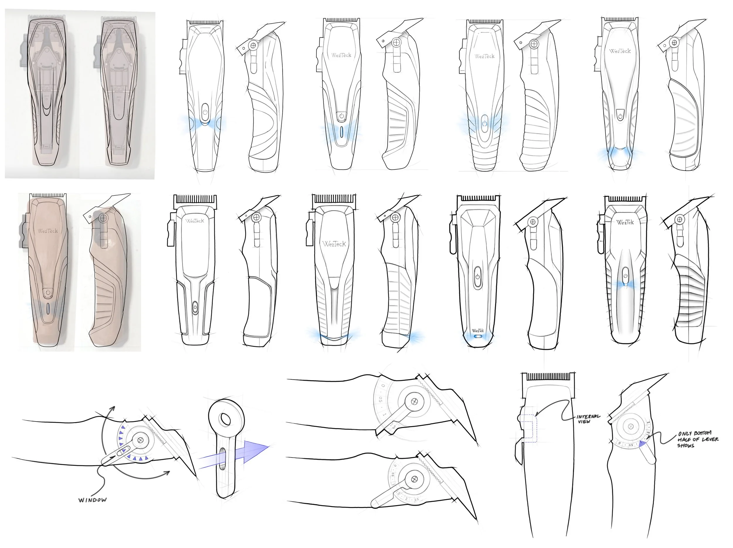 Technical drawings and sketches of a grooming or hair cutting clipper, including front, side, and internal views, with detailed component annotations and design specifications.