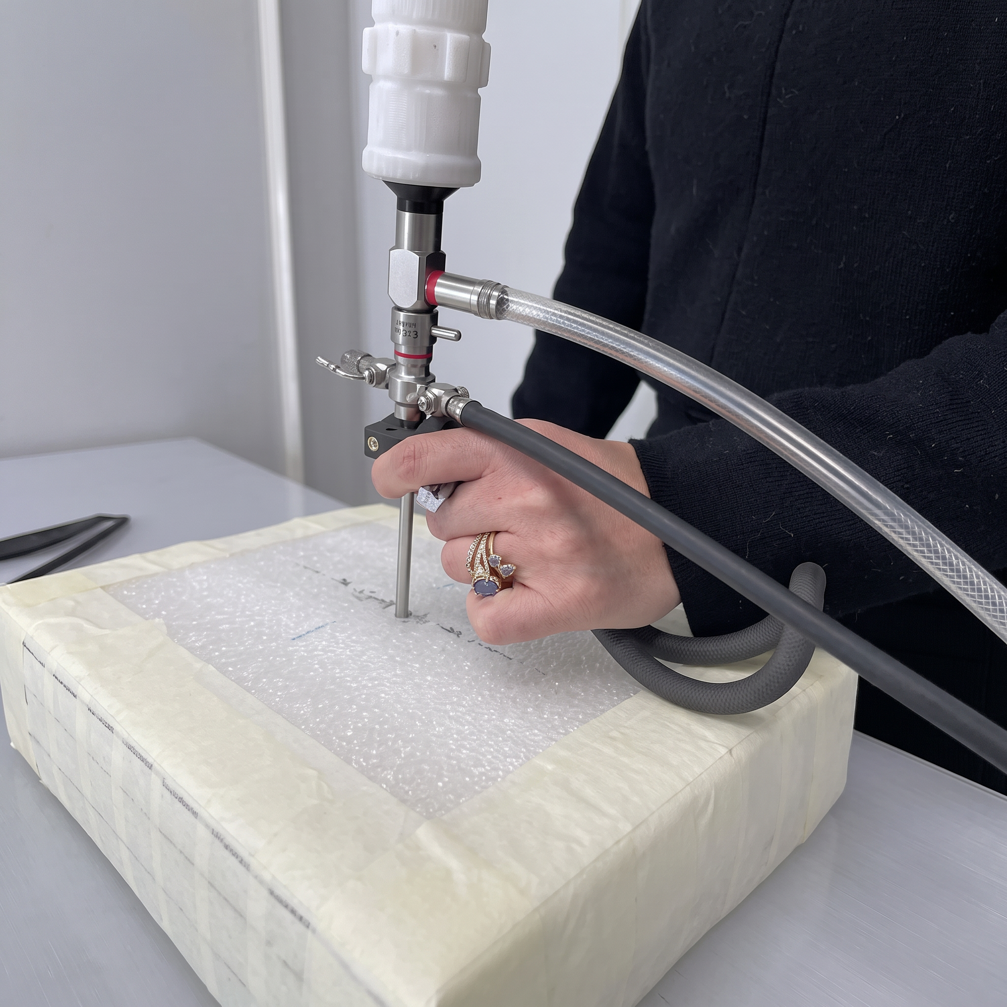 A person handling a laboratory setting object with precise instrumentation, connecting a tube to a device on a textured white base.