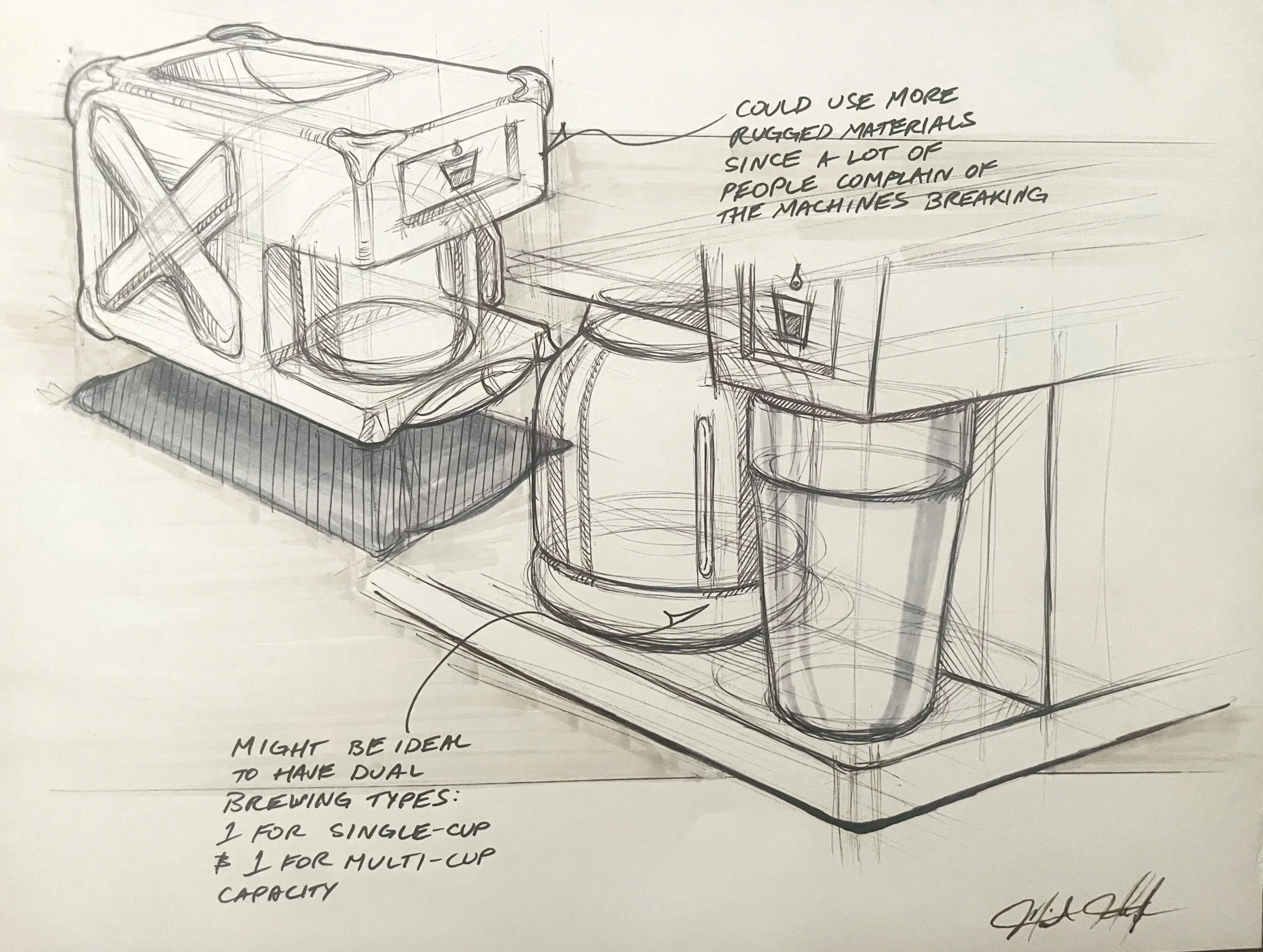 Hand-drawn sketch of a coffee machine with notes on preferred rugged materials and dual brewing types, including single-cup and multi-cup capacity.