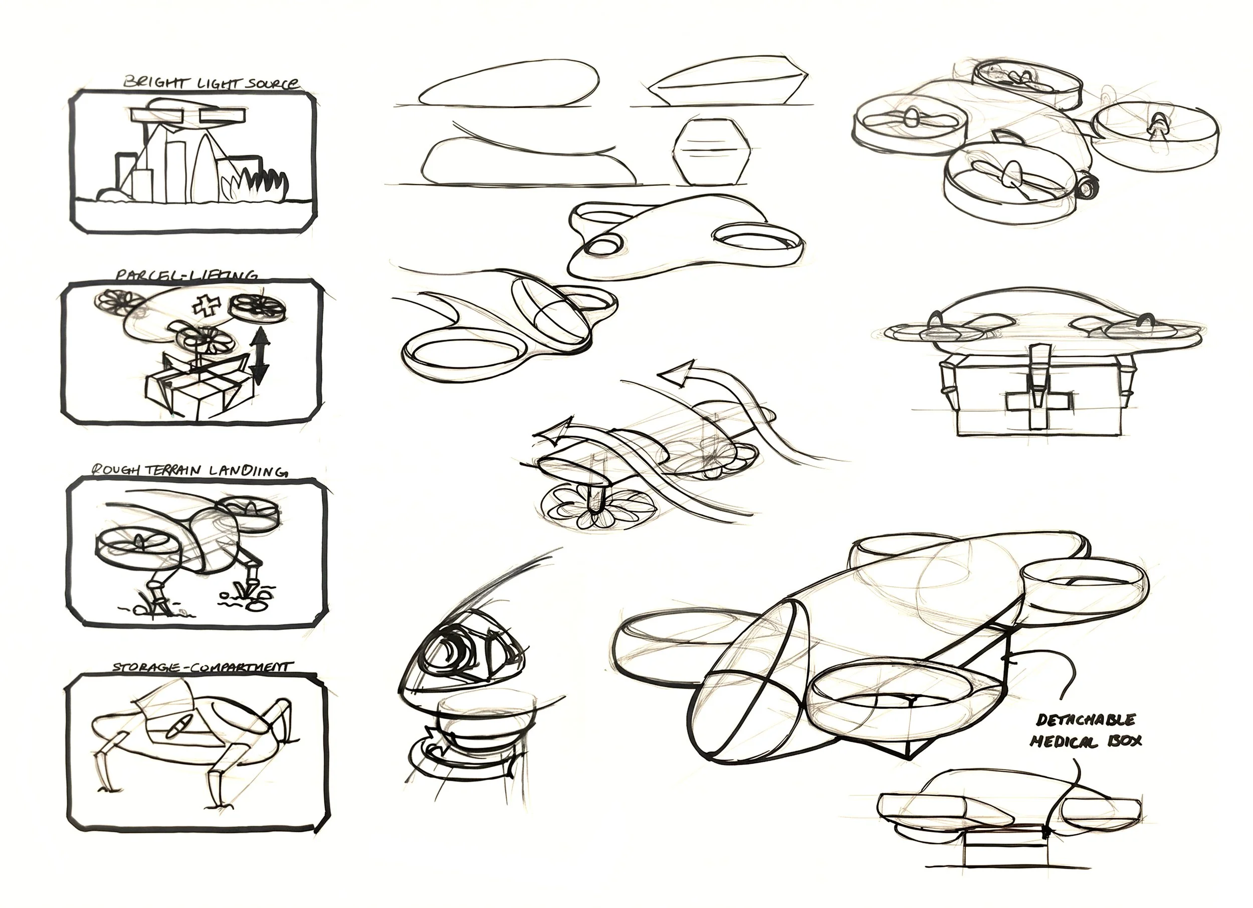 Sketches of various drone designs and components, including a landing gear system, a medical box, and a helicopter-like drone with multiple rotors.