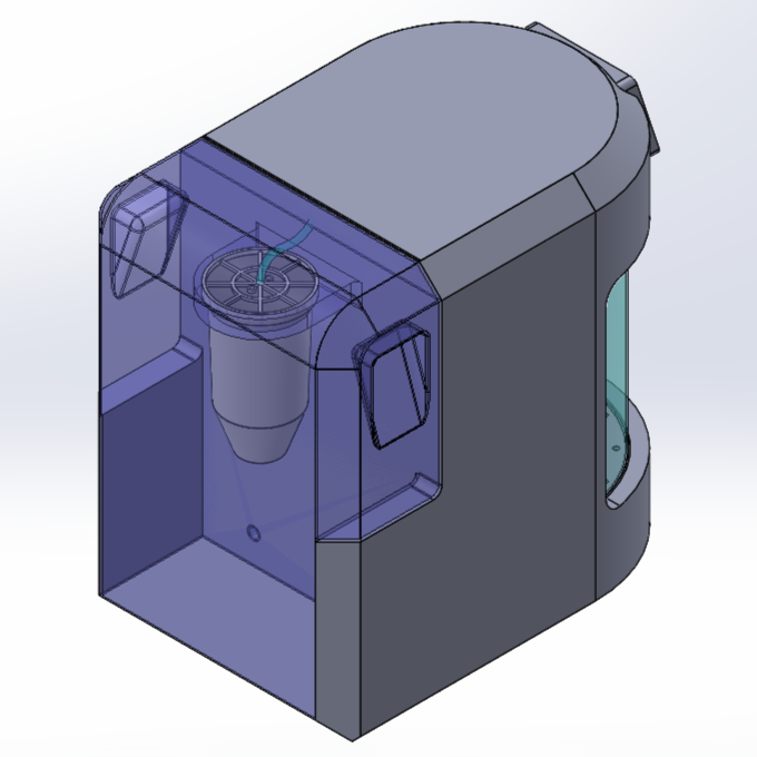 A 3D rendering of a water dispenser with a transparent front panel showing internal components and a screen on the side.