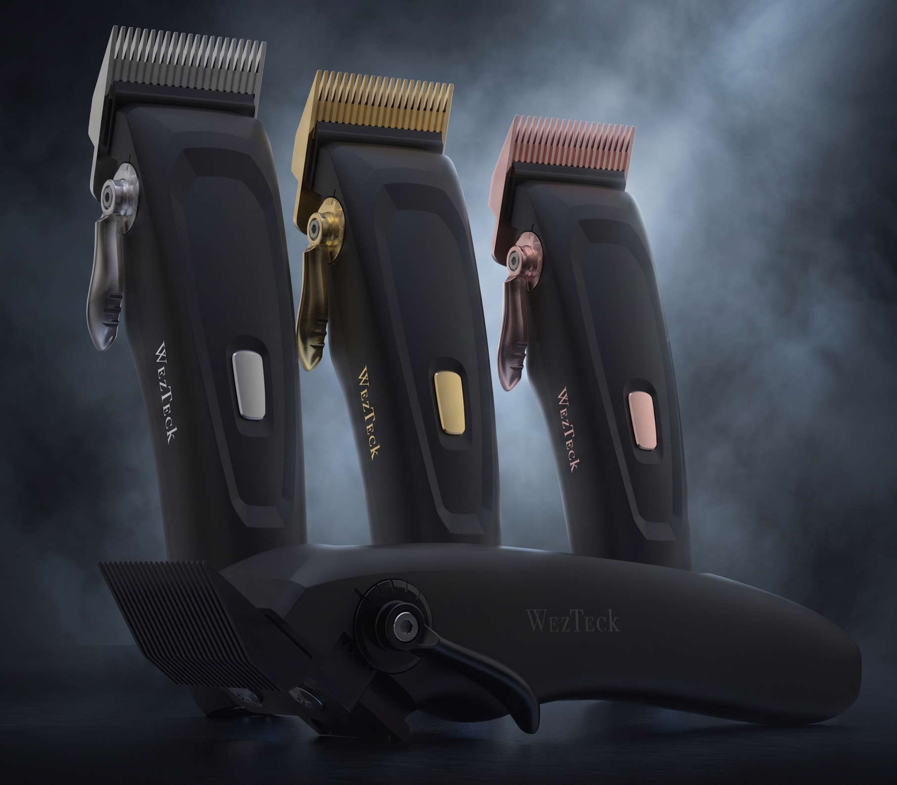 Close-up of a professional hair clipper with three different blade attachments in black, gold, and rose gold colors, against a dark, smoky background.
