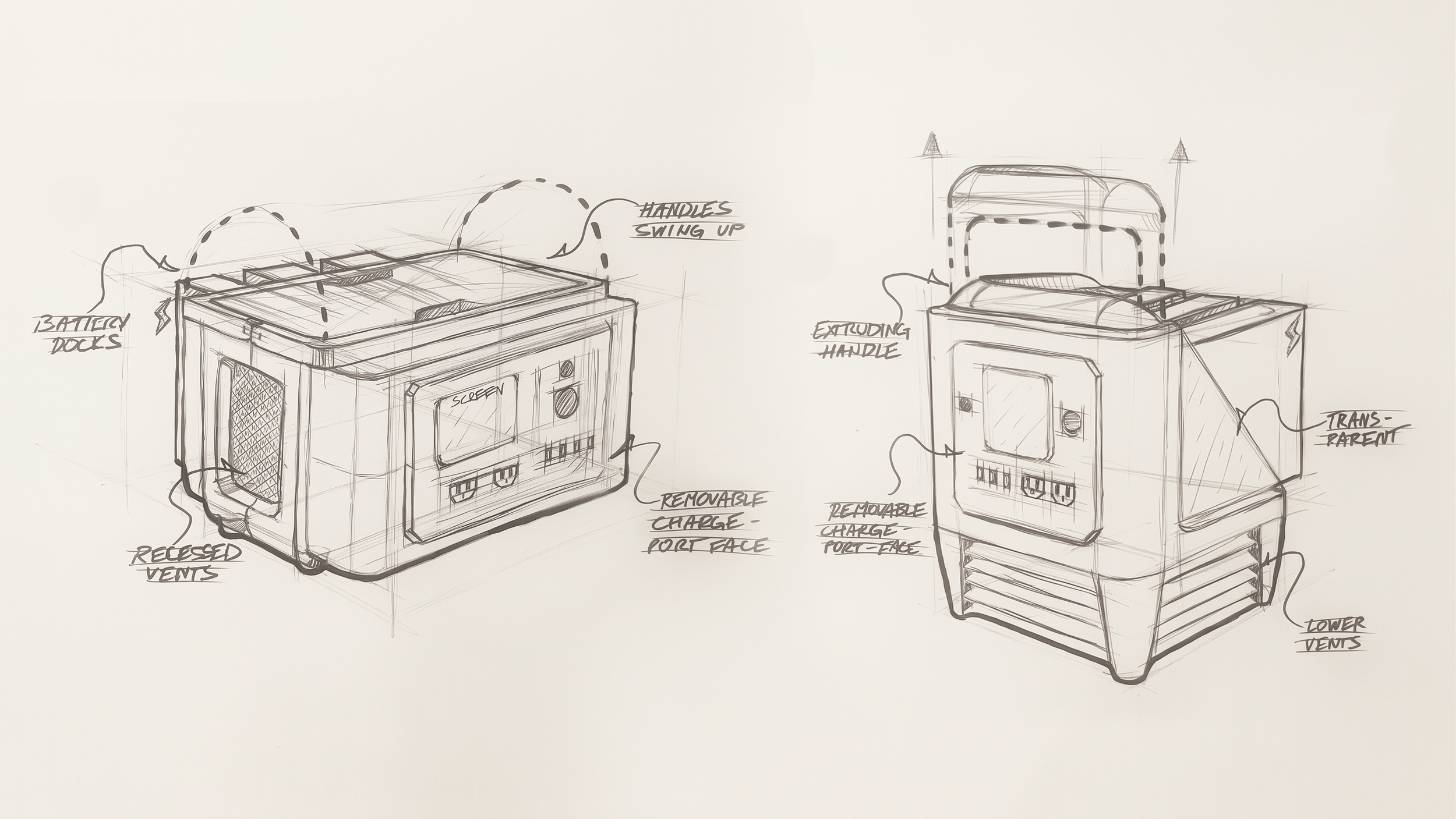 Hand-drawn sketch of a portable electronic device with labels indicating battery docks, recessed vents, removable charge port face, handles that swing up, and tower vents. The design shows multiple views with detailed annotations.