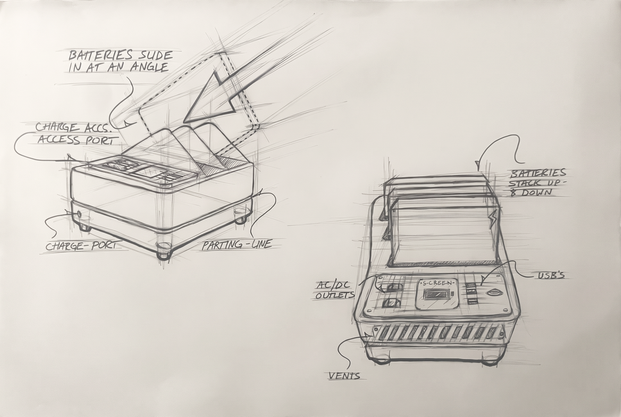 Sketch of an electronic device with labeled components including batteries, charge port, and outlets. The device appears to have adjustable batteries, USB ports, and a screen.