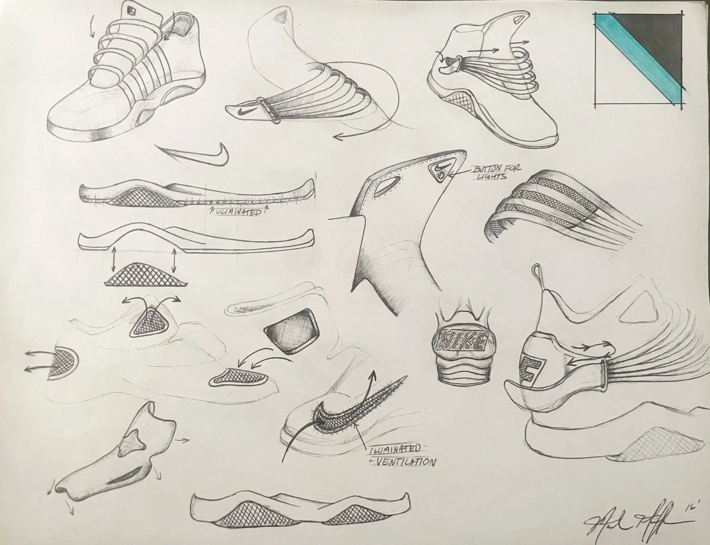 Sketches of shoe drawings and design ideas, including labeled details such as ventilation and illumination, with sketches of shoe soles, sides, and top views, and a small color diagram in the top right corner.