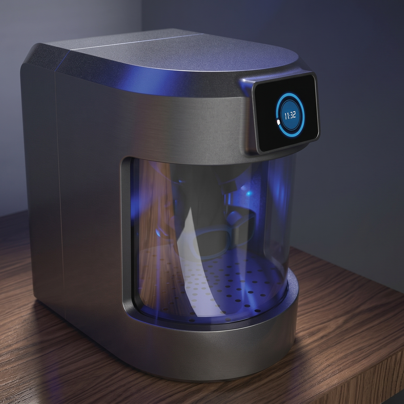 A modern, silver countertop coffee maker with a digital clock display reading 11:32, placed on a wooden surface.