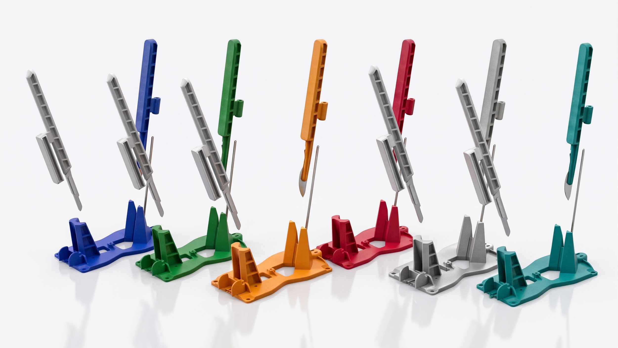 Colorful clothespins arranged on a white background.
