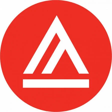 Red circular background with a white geometric triangular logo in the center.