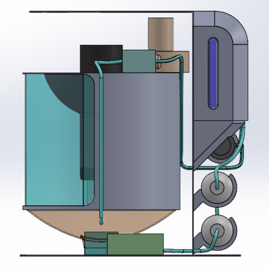 An illustration of an industrial or mechanical machine with various pipes, tanks, and components, including a vertical cylindrical tank, a gray box with a vertical blue display, and connected tubing and wheels.
