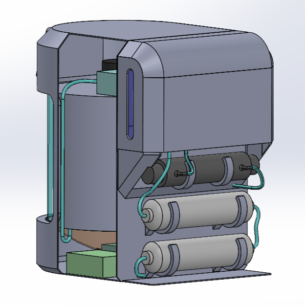 Cutaway view of a water filtration system with multiple filters, tubes, and a water level indicator.