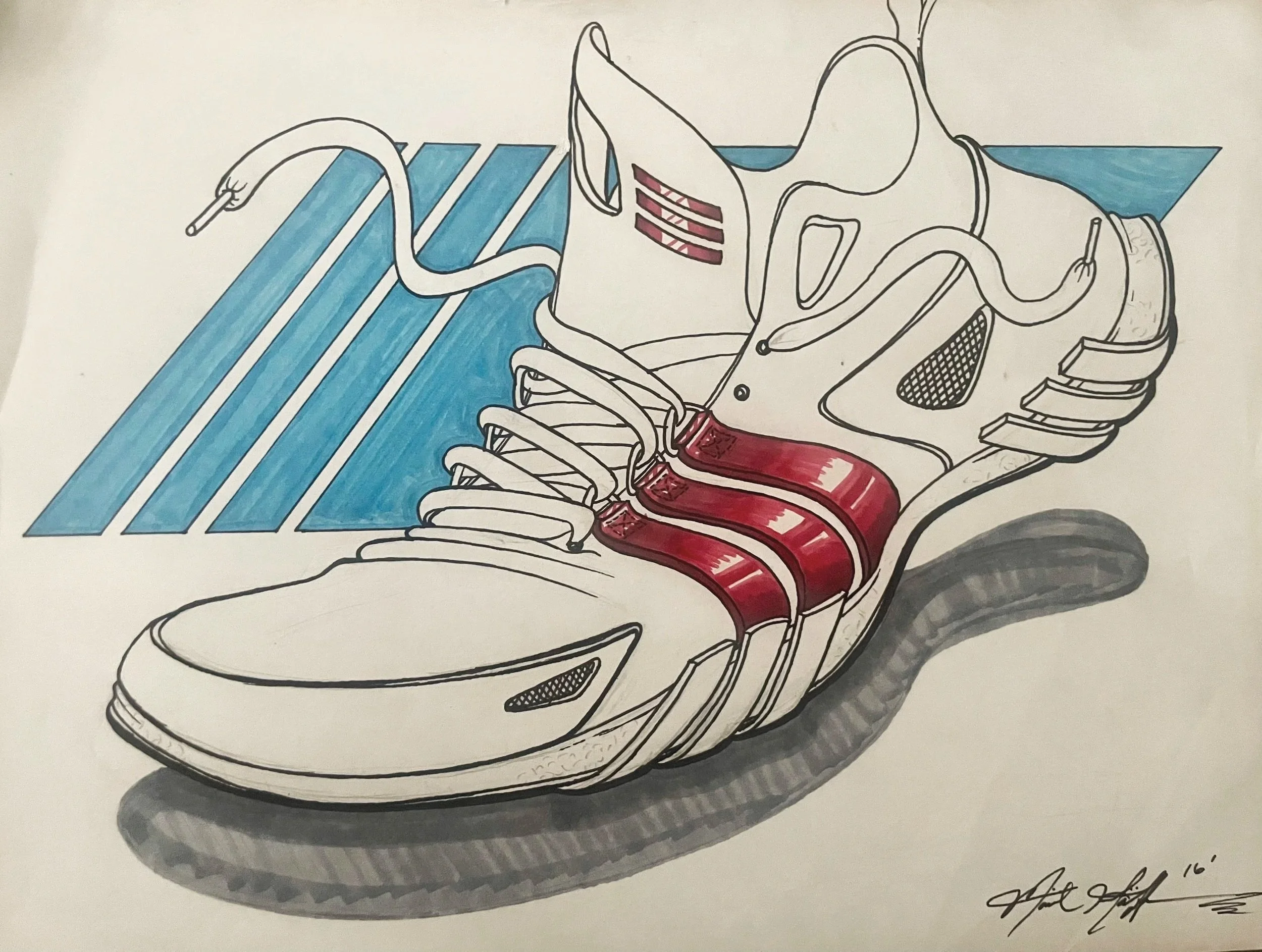 Drawing of a sneaker with exposed internal parts, including the sole, midsole, and inner structure, with some parts colored in red and blue.