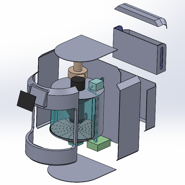 CAD illustration of a scientific laboratory robot with a circular base, glass chambers, and various mechanical and electronic components.
